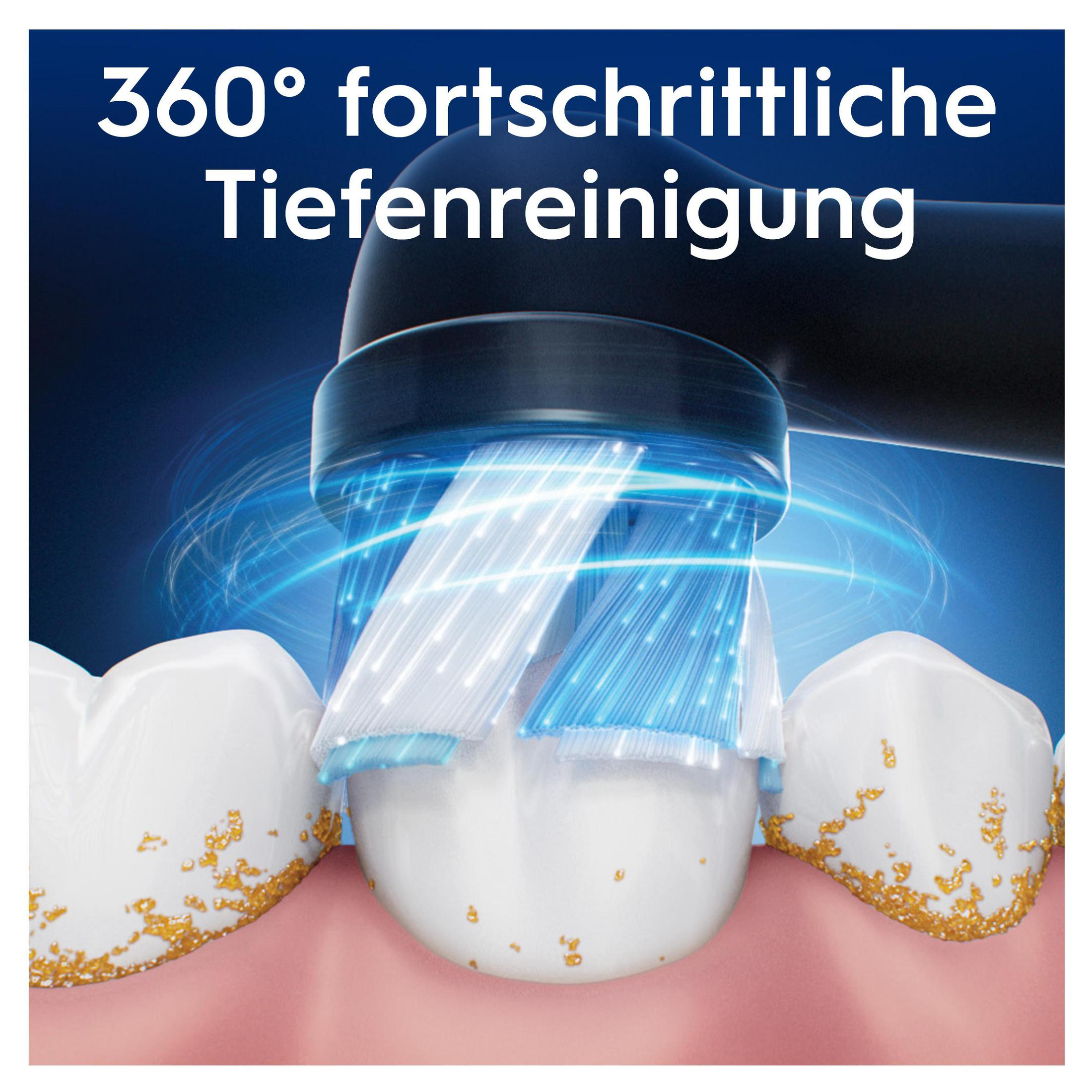 Nahaufnahme einer Zahnbürste, die Zähne reinigt, mit Text.