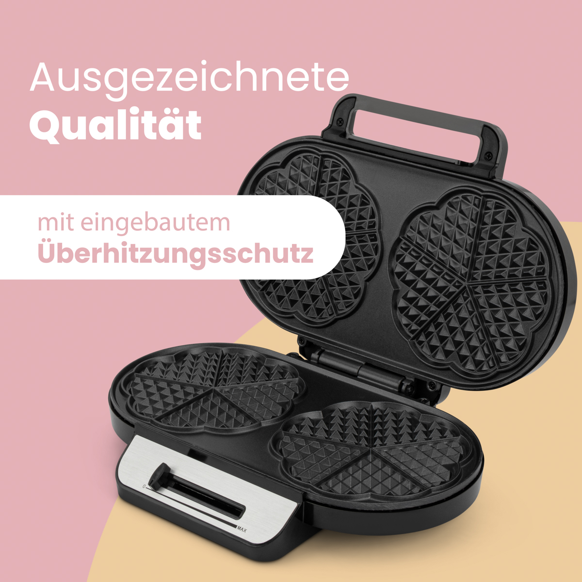 Otwarta gofrownica pokazująca formy do gofrów. Tekst zawiera 'Doskonała jakość' i 'Zabezpieczenie przed przegrzaniem'.