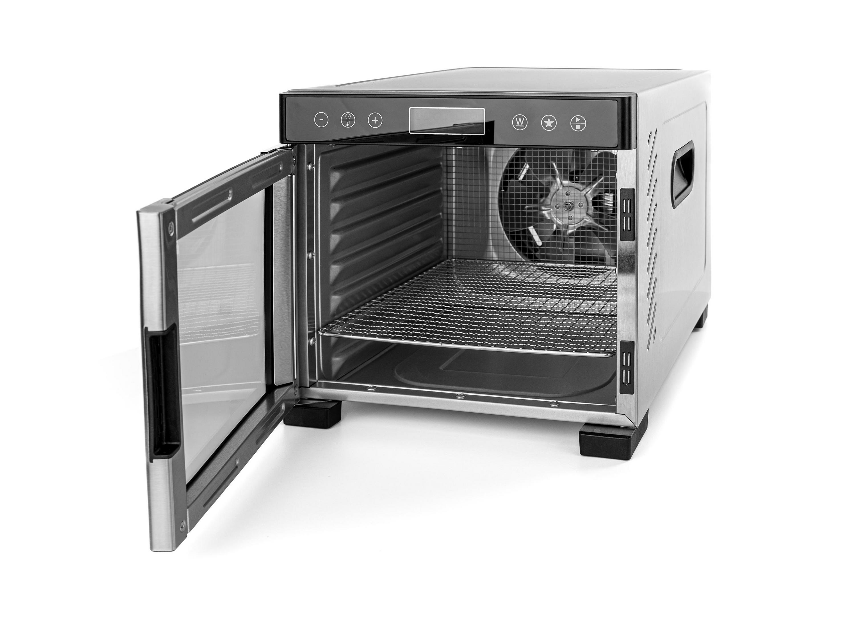 Silberner Dörrautomat, geöffnet, mit sichtbaren Tabletts und Ventilator.