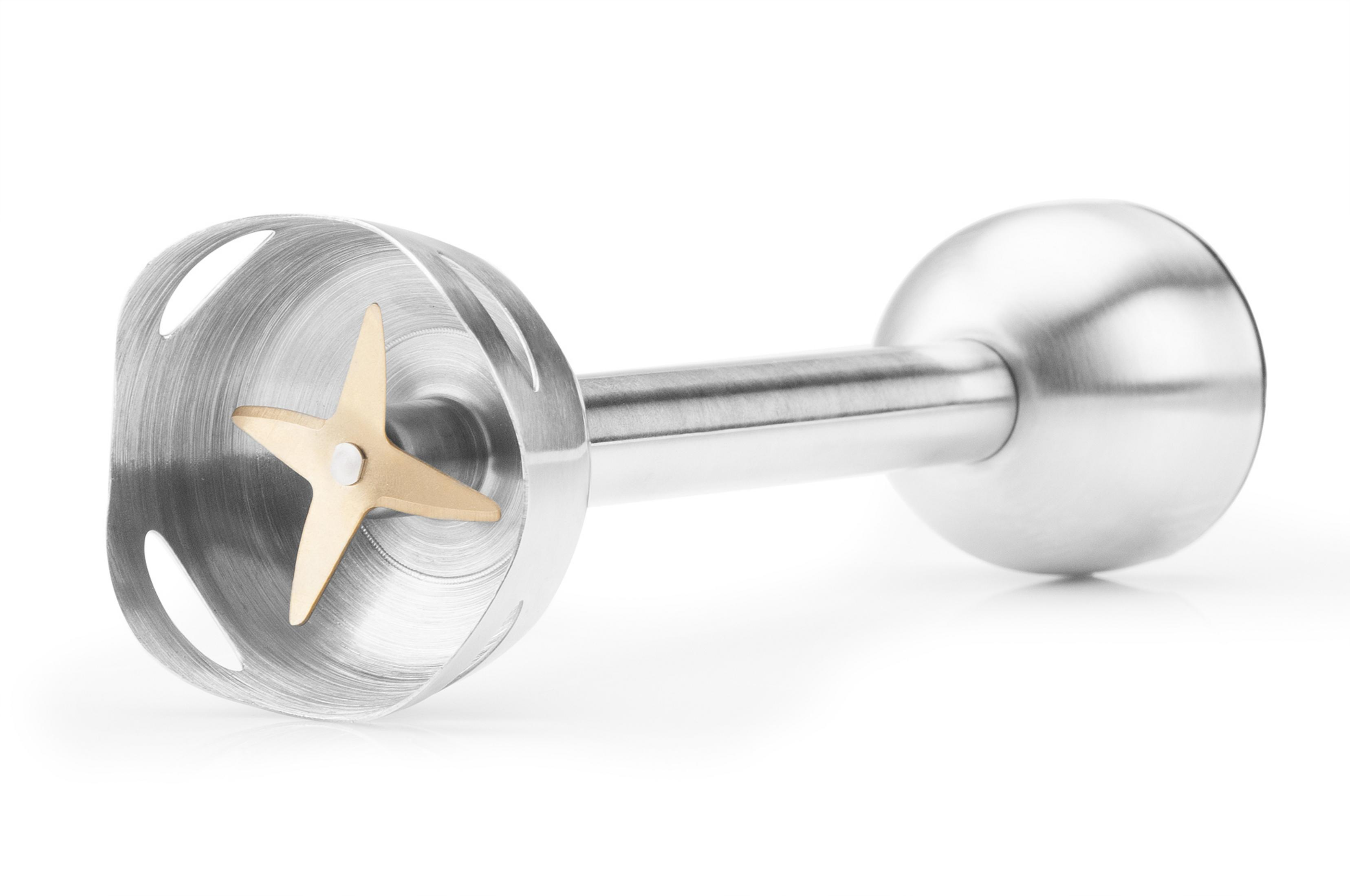 Głowica blendera zanurzeniowego ze stali nierdzewnej z ostrzem. Na białym tle.