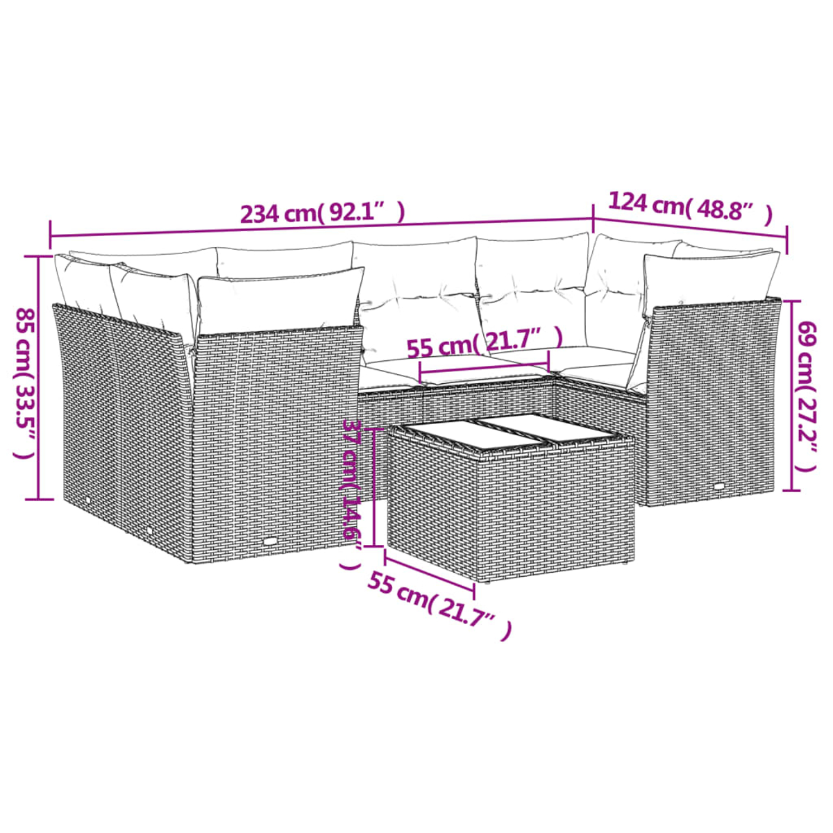 Set divano in rattan da esterno. Cuscini beige. Dimensioni etichettate. Tavolo e sedute.
