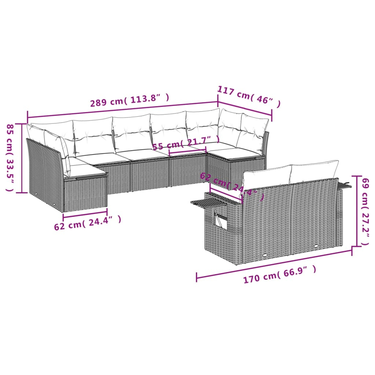 Gartenmöbel-Set aus Korbgeflecht mit Maßen. L-förmiges Sofa und Beistelltisch.