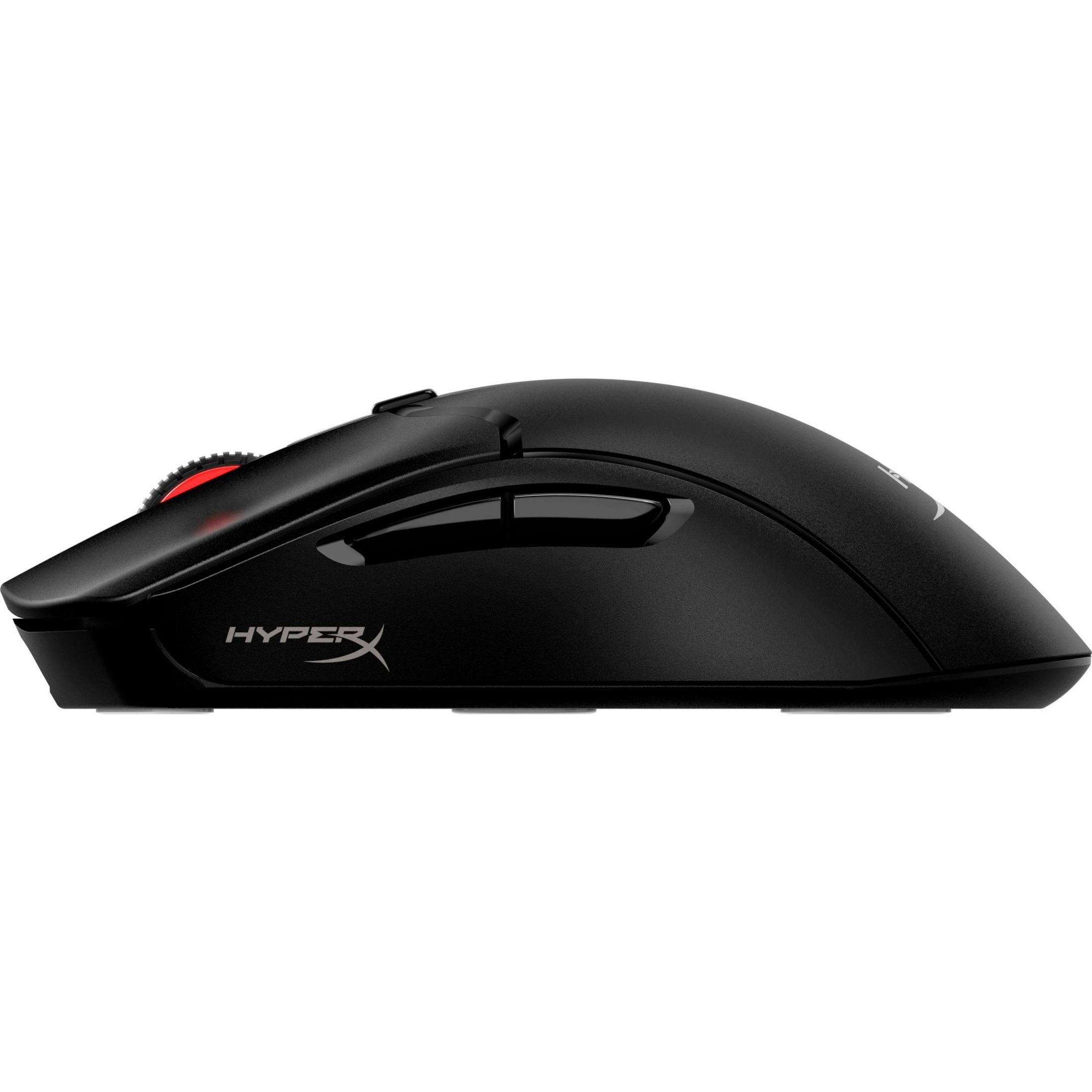 Czarna mysz do gier HyperX. Posiada czerwone kółko przewijania, czarne przyciski i logo HyperX.