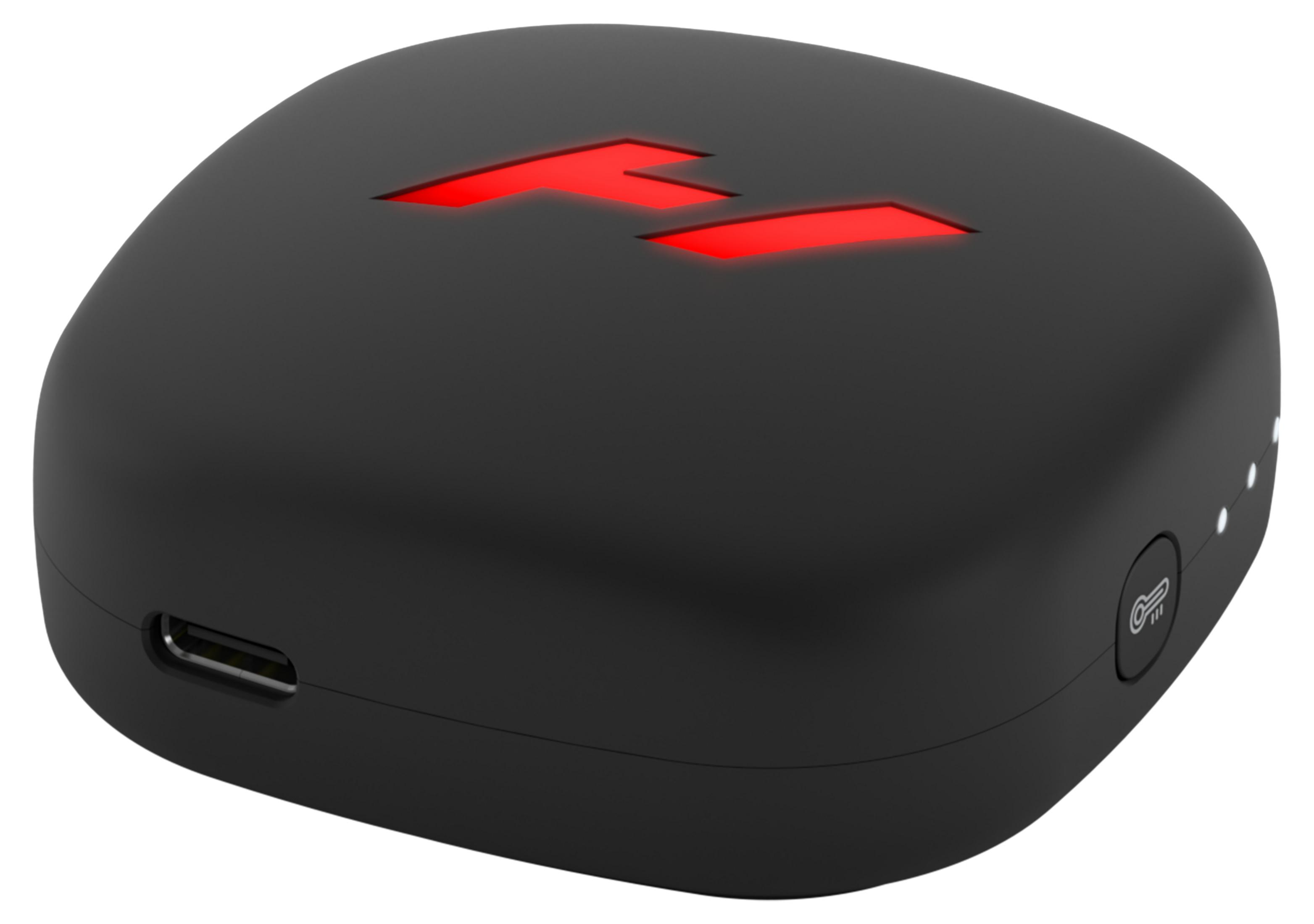 Ein schwarzes, rechteckiges Gerät mit rotem Logo oben und einem USB-Anschluss.