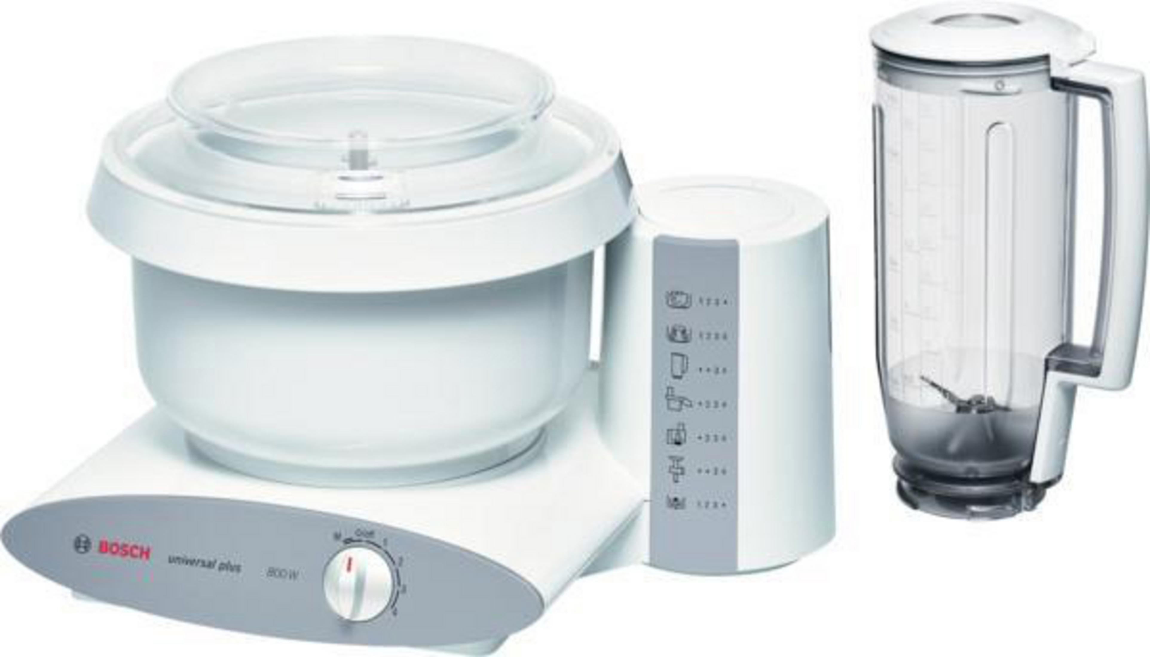 Witte keukenmachine met kom en blender. De machine heeft een zilveren basis en een draaiknop.