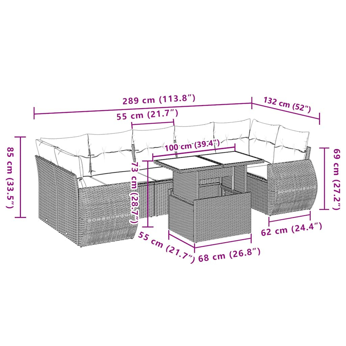 Outdoor-Sofa-Set aus schwarzem Korbgeflecht mit einem ansteigenden Tisch. Abmessungen sind beschriftet.