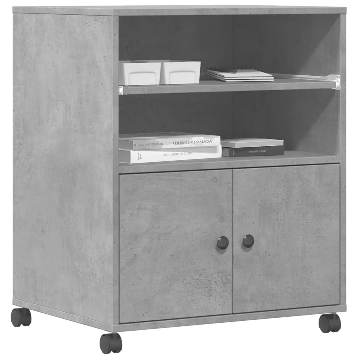 Grauer Schrank auf Rädern mit Türen, offenem Regal und zwei weißen Boxen oben.