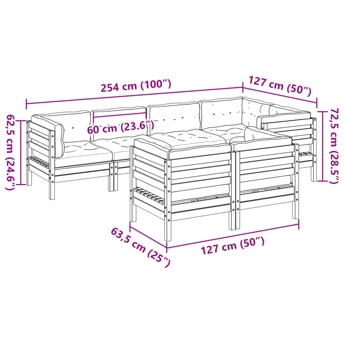 Sofa mit beschrifteten Abmessungen, bestehend aus mehreren Teilen mit Kissen und Holzrahmen.