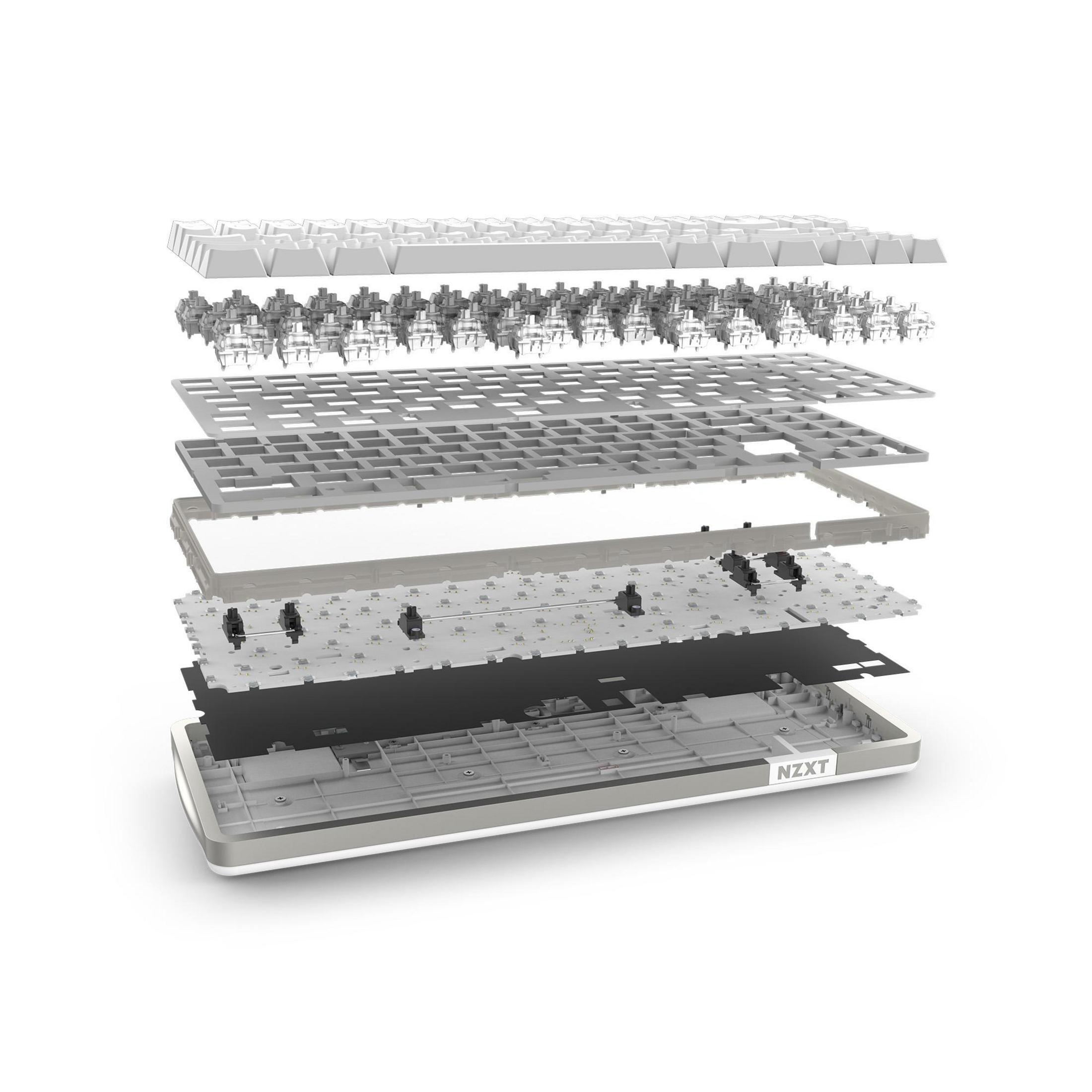 Explodierte Ansicht einer Tastatur mit Schichten von Tasten, Schaltern, Rahmen und Basis mit NZXT-Logo.