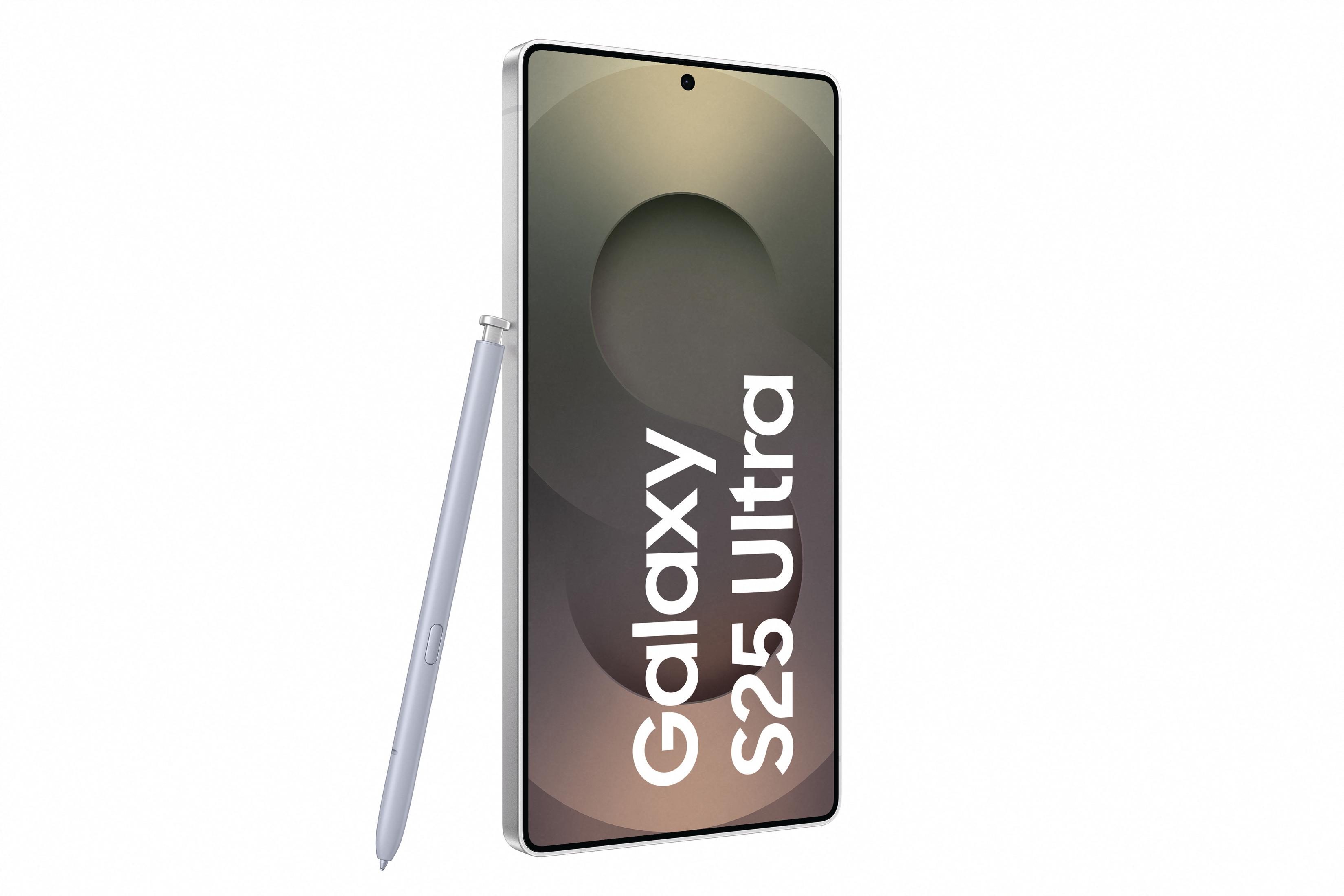 Smartfon Samsung Galaxy S25 Ultra z rysikiem, białe tło.