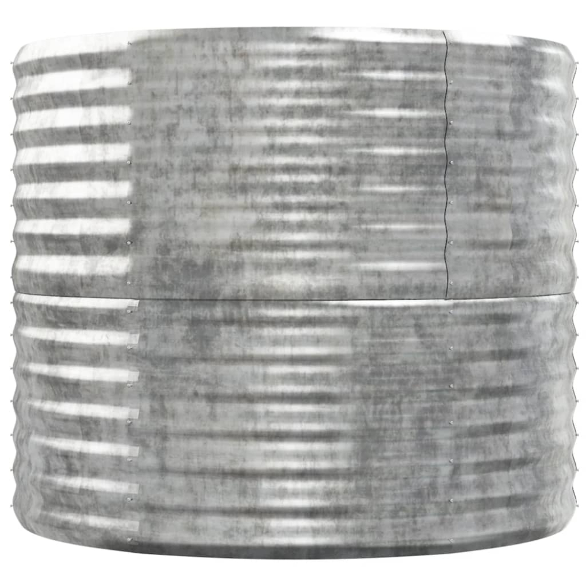 Metallbehälter mit horizontalen Rippen, hellgraue Farbe.
