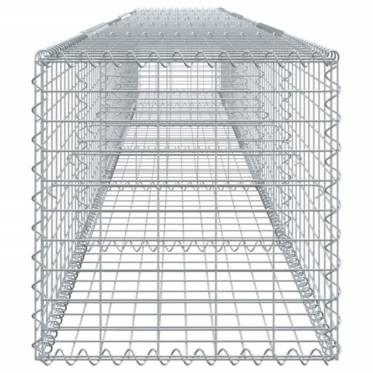 Ein Drahtgitterwürfel, ein Gabion, mit freier Sicht durch seine rechteckige Form.