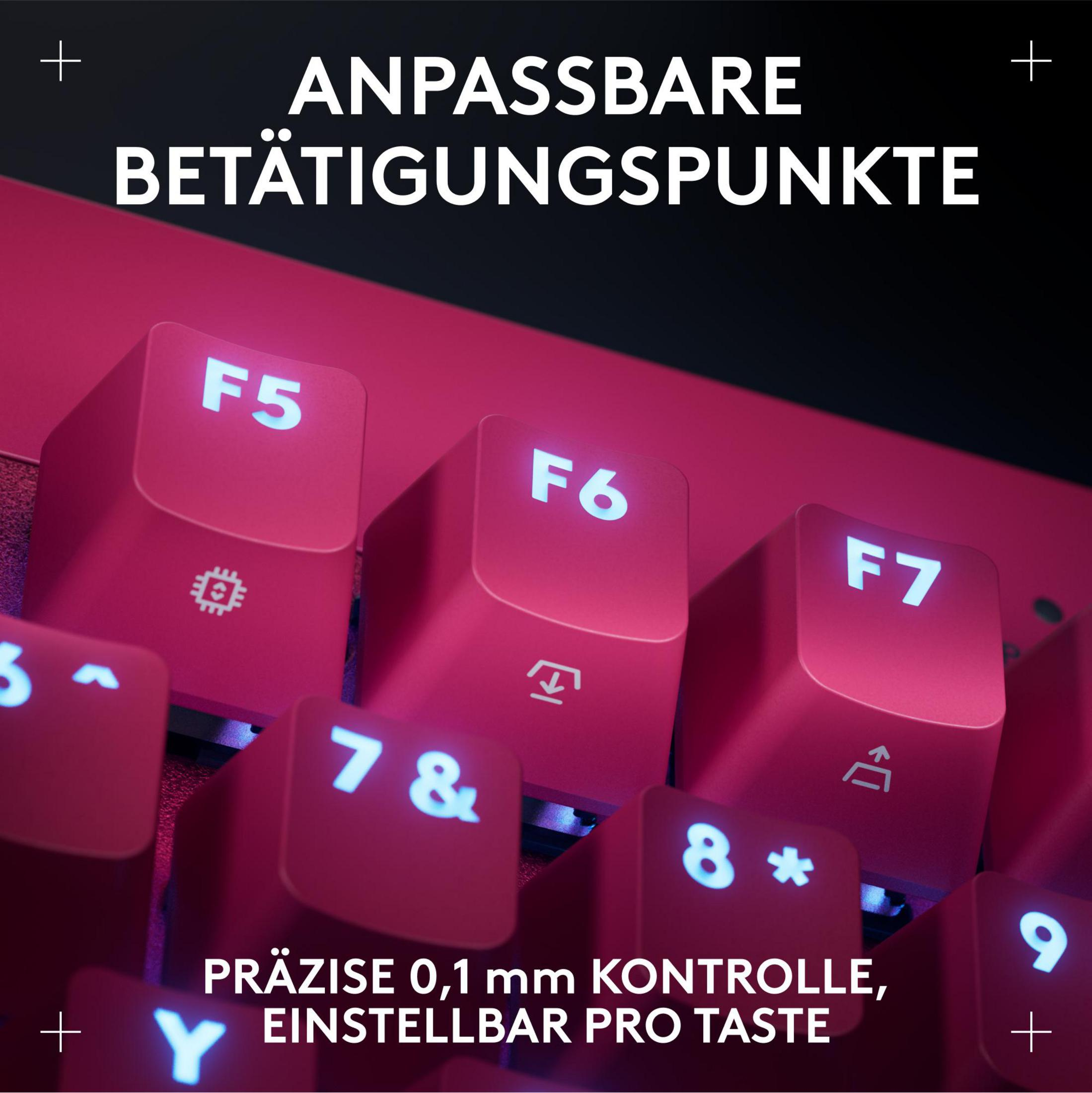 Nahaufnahme von rosa Tastaturtasten mit Text: 'ANPASSBARE BETÄTIGUNGSPUNKTE' und Zahlen und Symbolen.