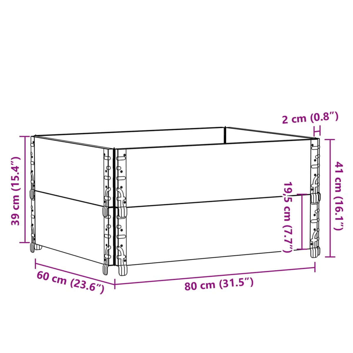 Rechteckiger Pflanzkasten mit Abmessungen. Die Box besteht aus Holzplatten.