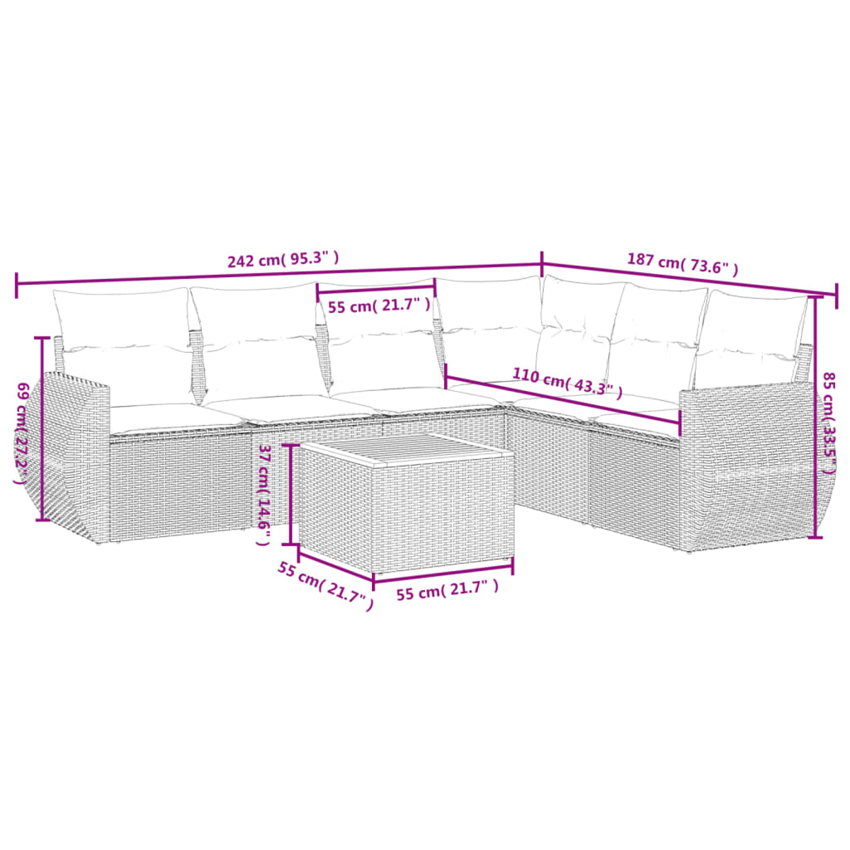 Ein großes Outdoor-Sofaset mit Tisch. Maße angegeben. Graues Weidengeflecht.
