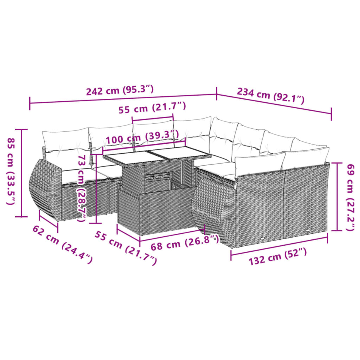Diagramm mit Abmessungen eines Gartenmöbelsets auf einer Backstein-Terrasse. Maße in cm und Zoll.