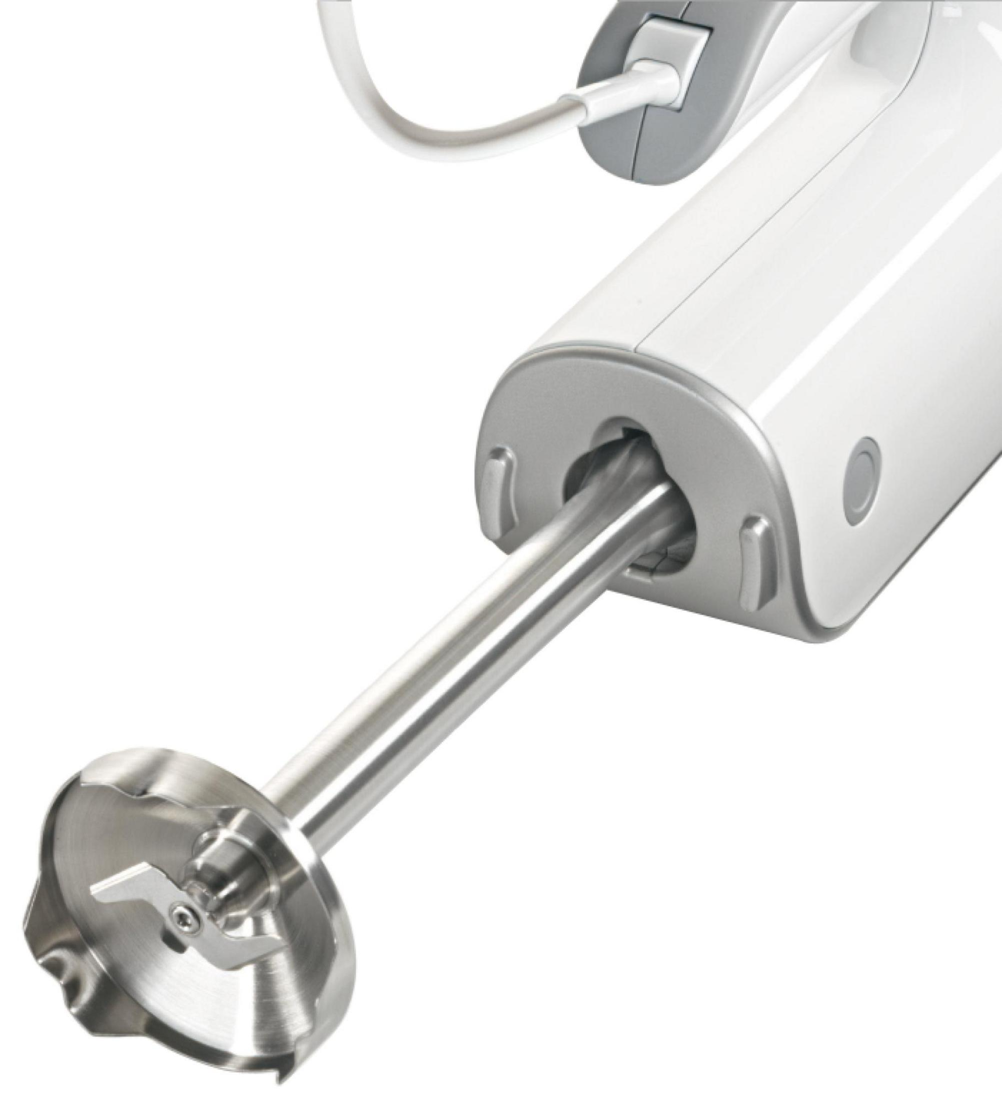Close-up of a white and silver immersion blender with the blade visible.