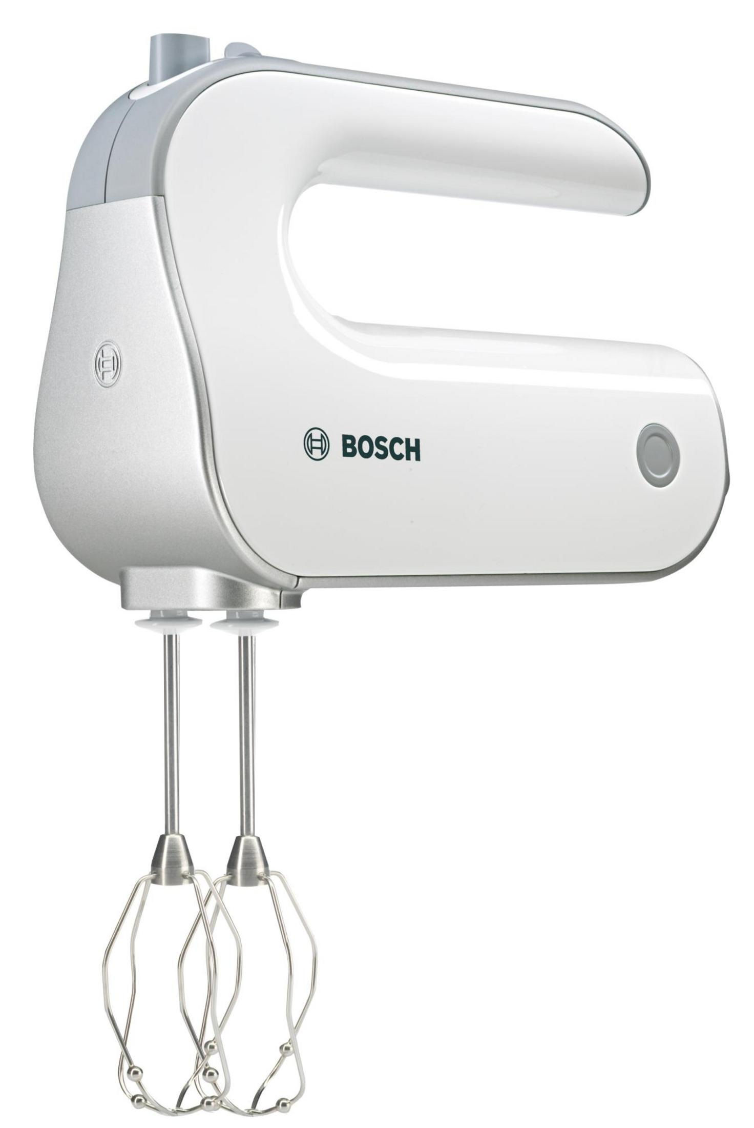 A white hand mixer with a gray top and two silver beaters, Bosch logo.