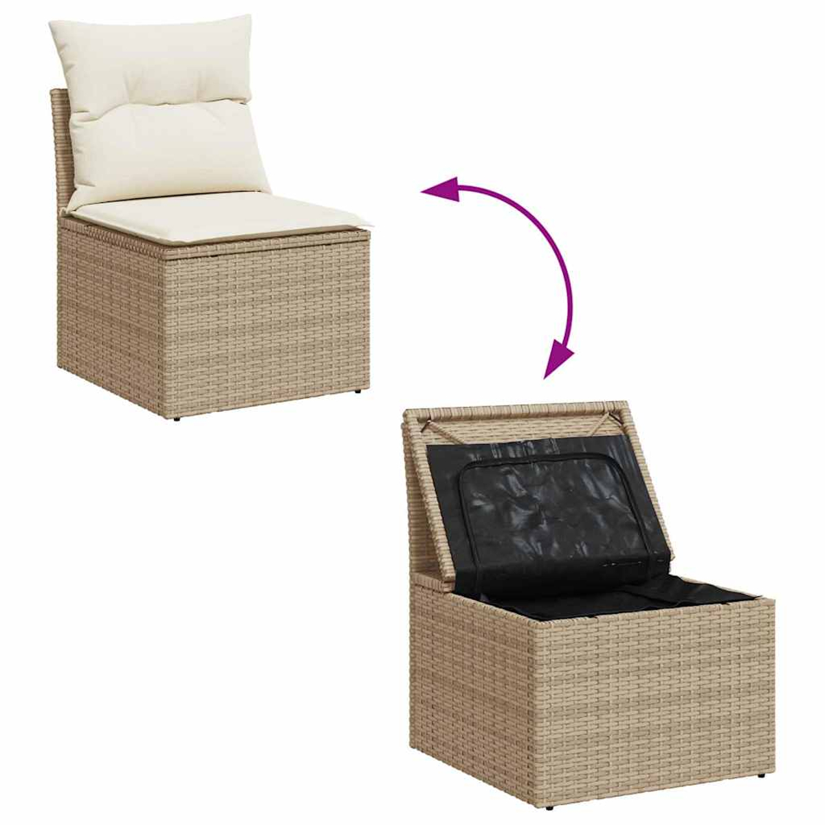 Sedia con vano contenitore. Sedia aperta con interno nero. Cuscino bianco sulla sedia.