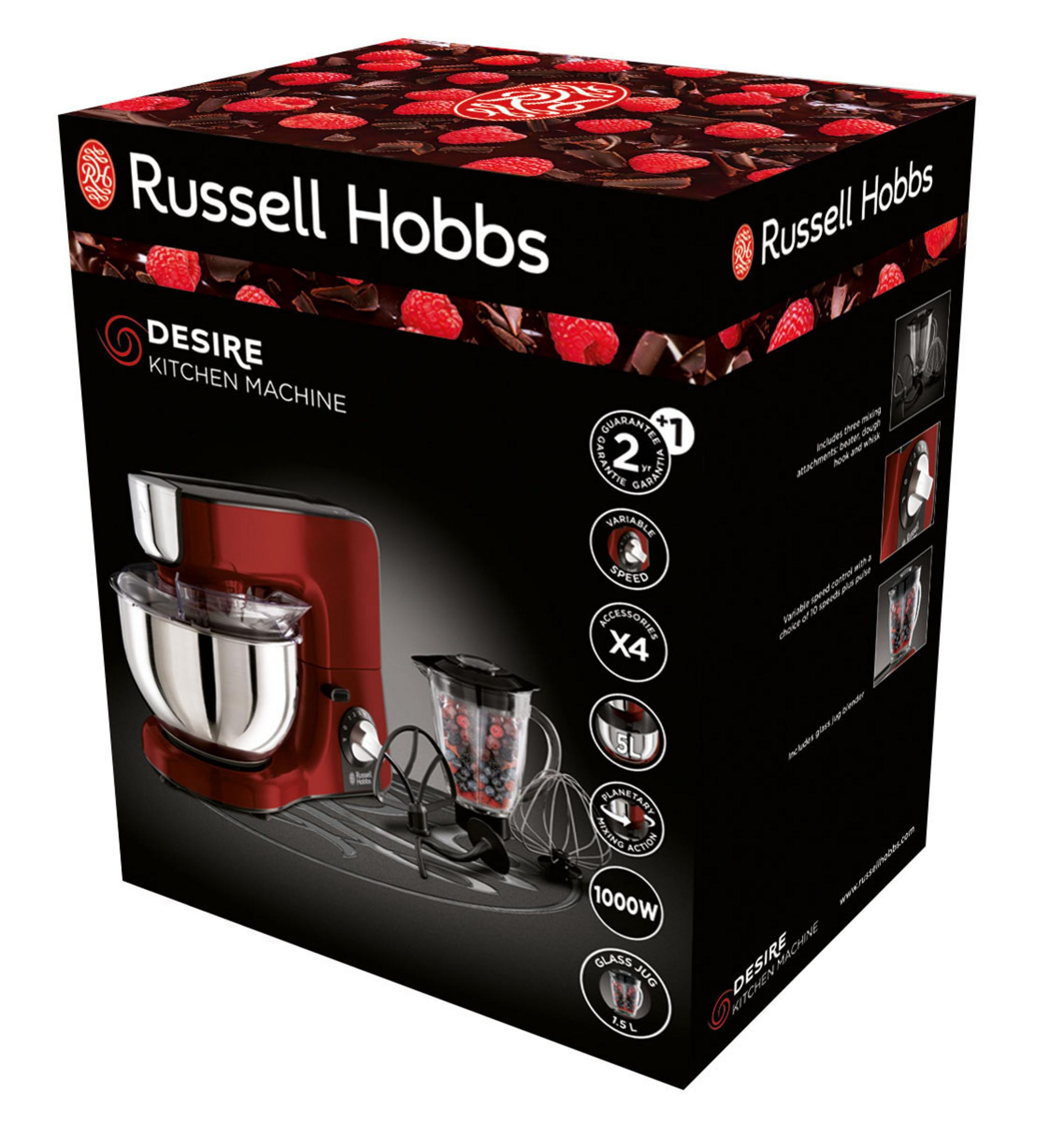 Küchenmaschinenbox. Roter Küchenmixer gezeigt. Marke Russell Hobbs. Verschiedenes Zubehör.