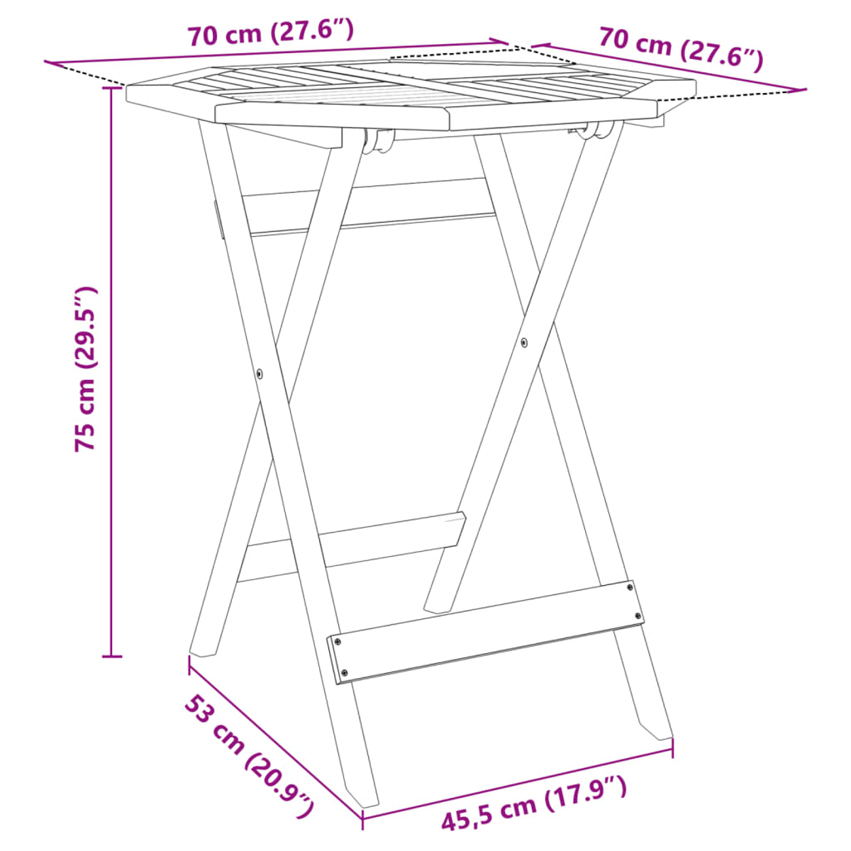 Klapptisch aus Holz, Maße: 75x70x70cm, Basis 53x45,5cm.