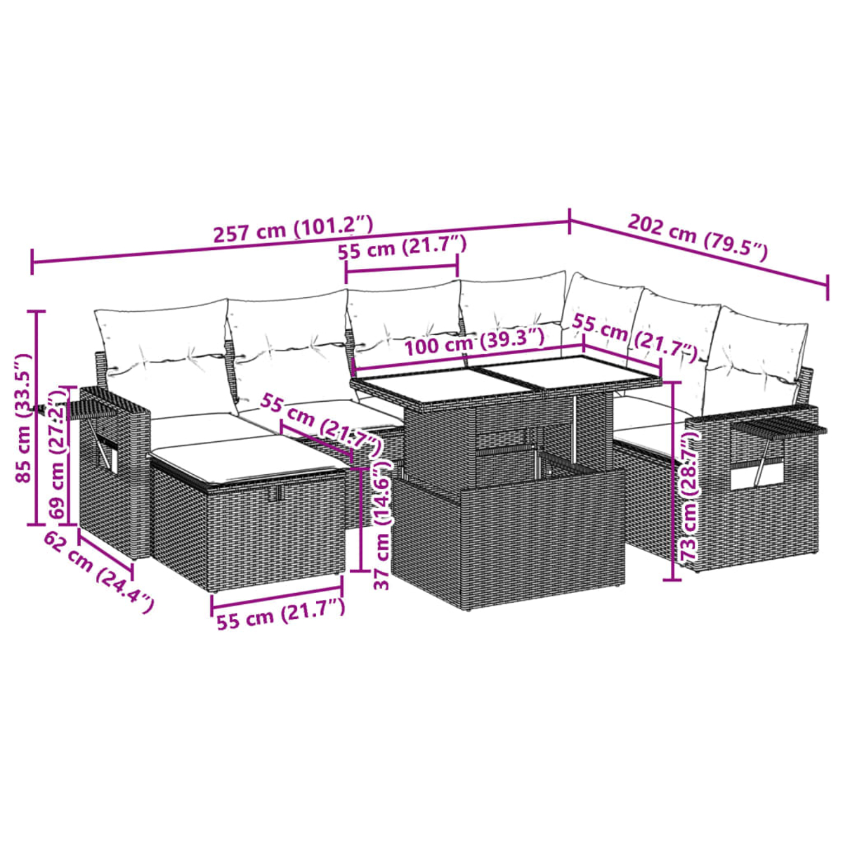 Diagramm eines Outdoor-Ecksofa-Sets mit Abmessungen in cm und Zoll.