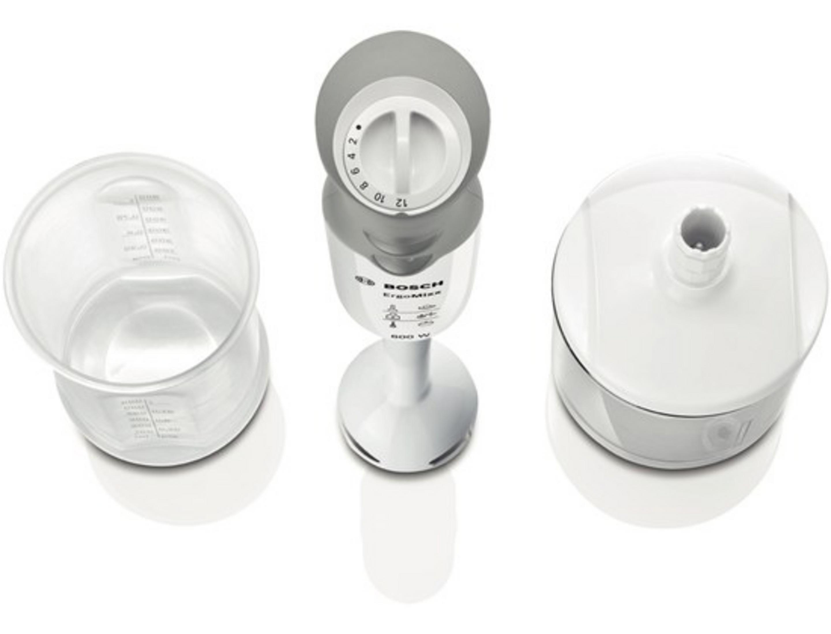 Biało-szary blender ręczny z trzema widocznymi częściami. Widok z góry.