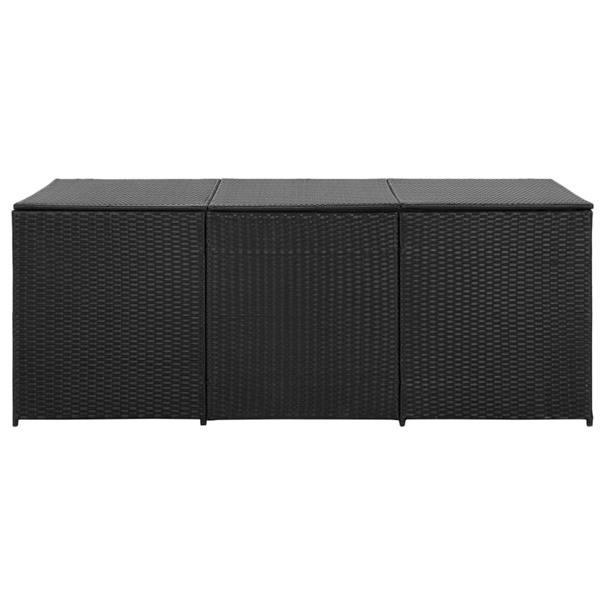Schwarze Outdoor-Aufbewahrungsbox. Geflechtstruktur. Drei separate Sektionen.