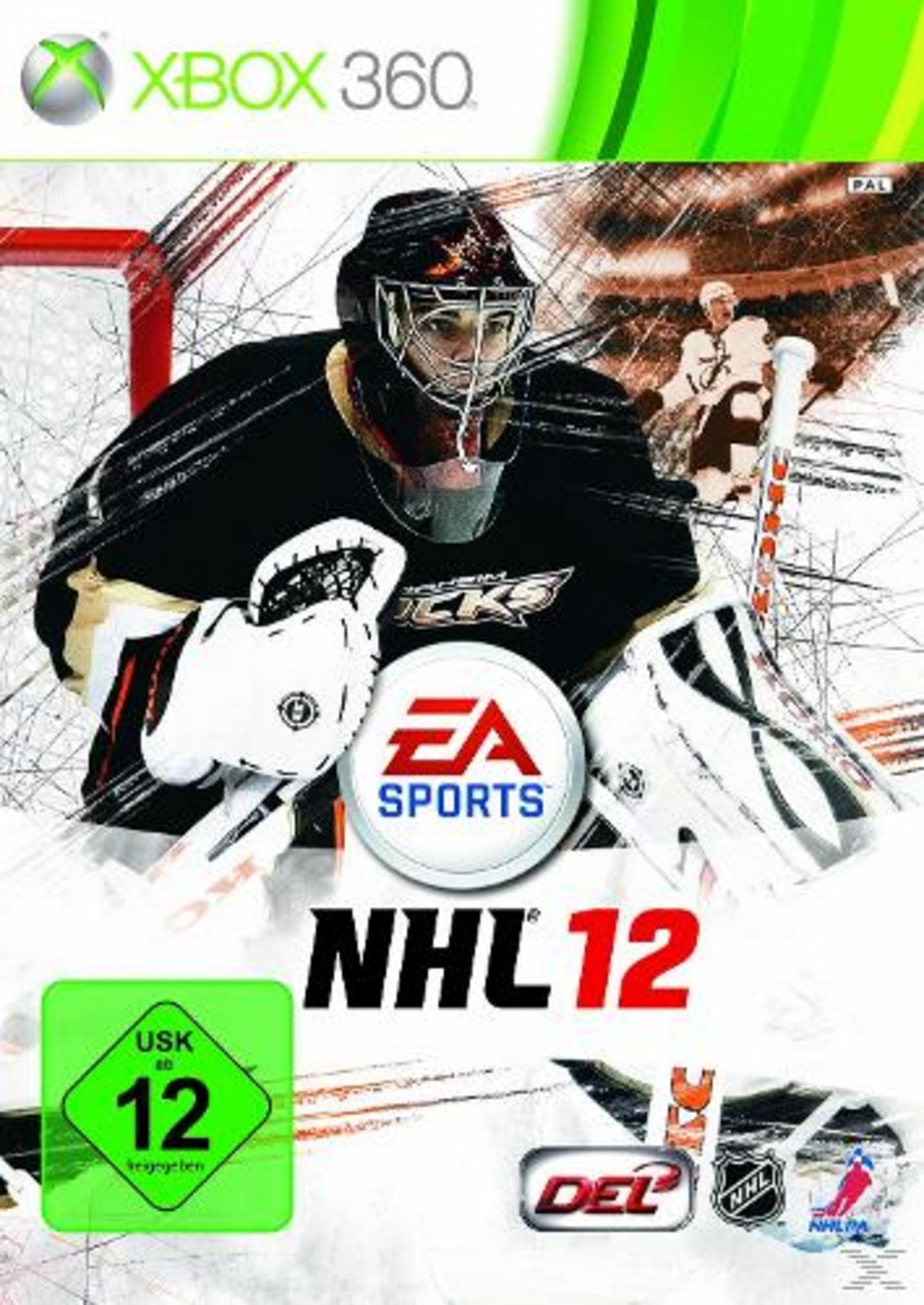 NHL 12-Spielcover für Xbox 360. Zeigt einen Torwart mit Hockeymaske und das EA Sports-Logo.