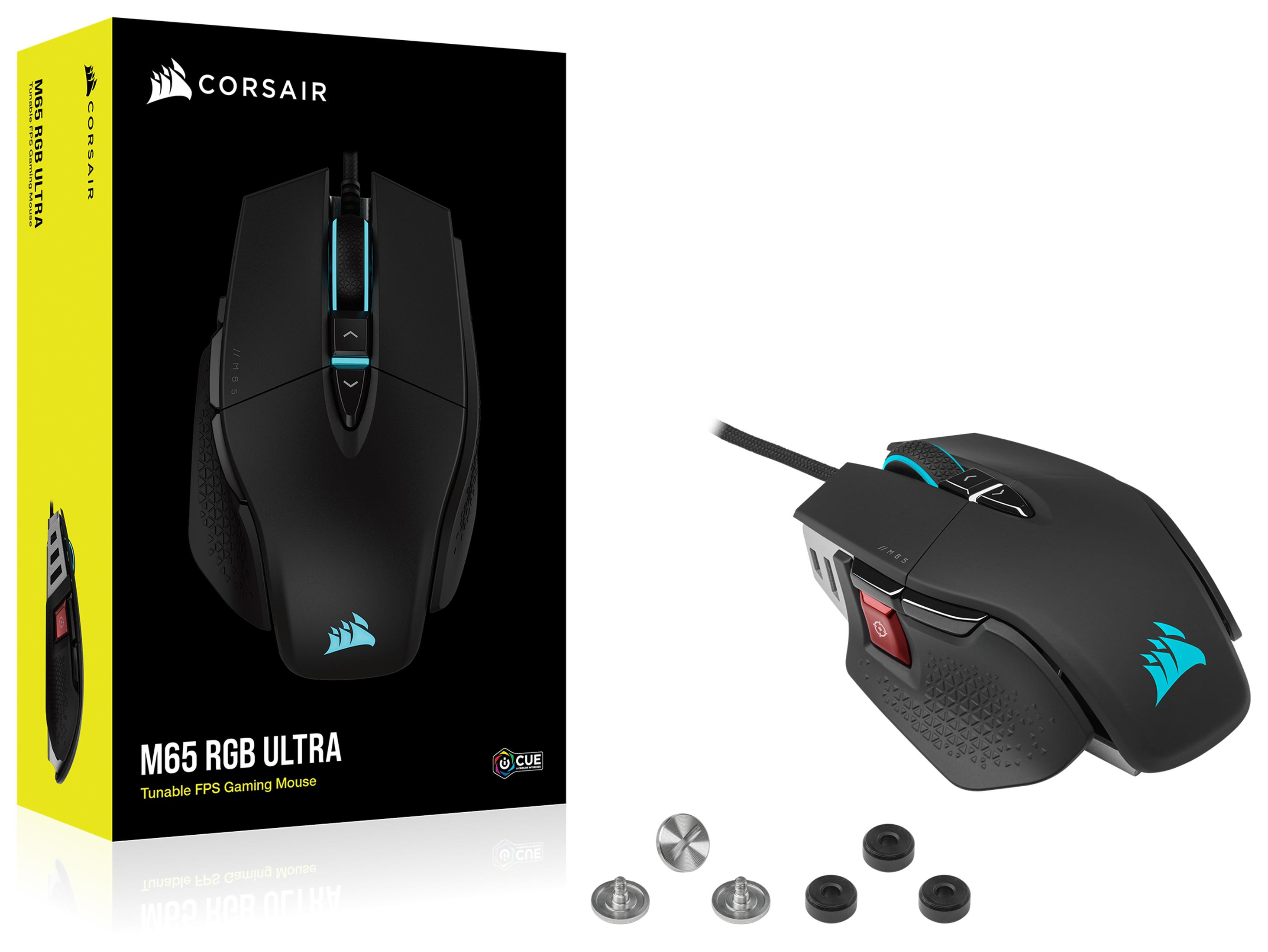 Mysz gamingowa Corsair M65 RGB Ultra w pudełku i widok samodzielny.