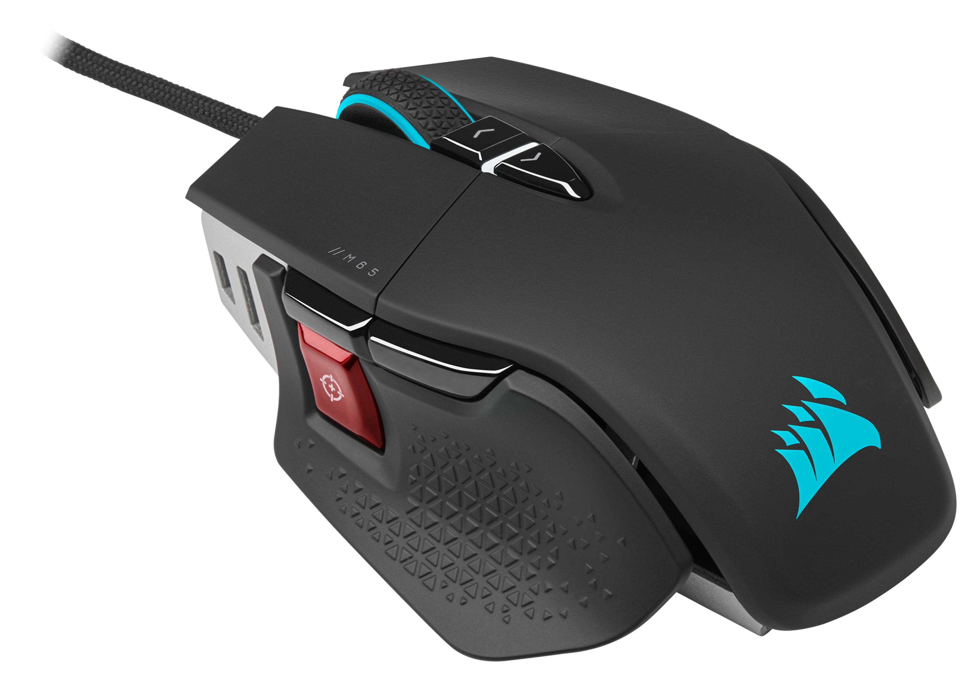 Czarna mysz gamingowa Corsair M65 RGB Ultra z czerwonymi akcentami i kablem.