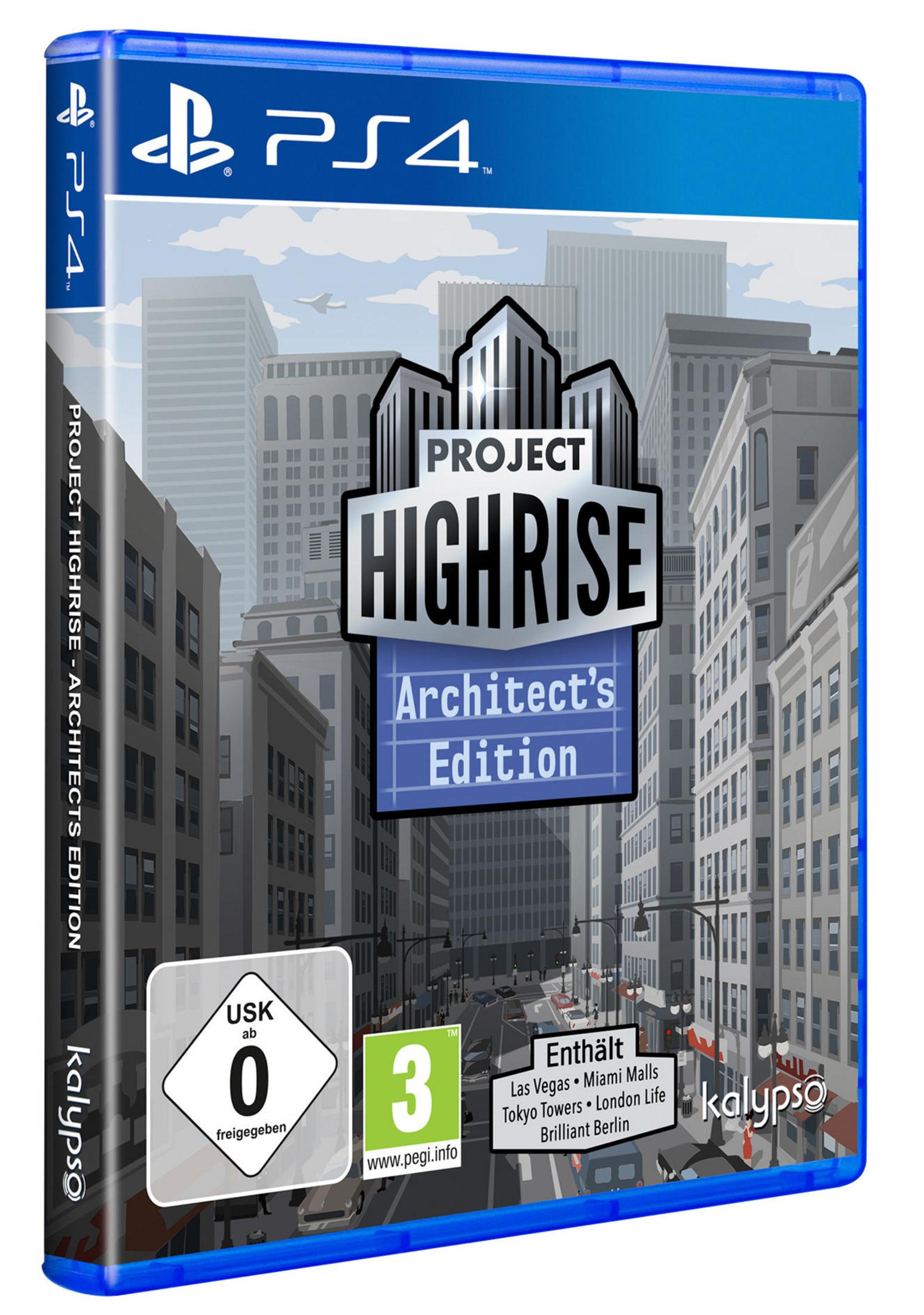 PS4-Spielhülle, betitelt Project Highrise, mit einer Grafik der Stadt.