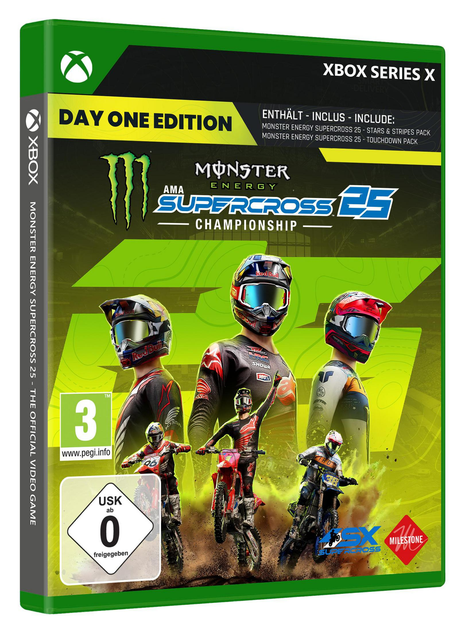 Das Cover des Xbox Series X Spiels Monster Energy Supercross 25 mit Rennfahrern.