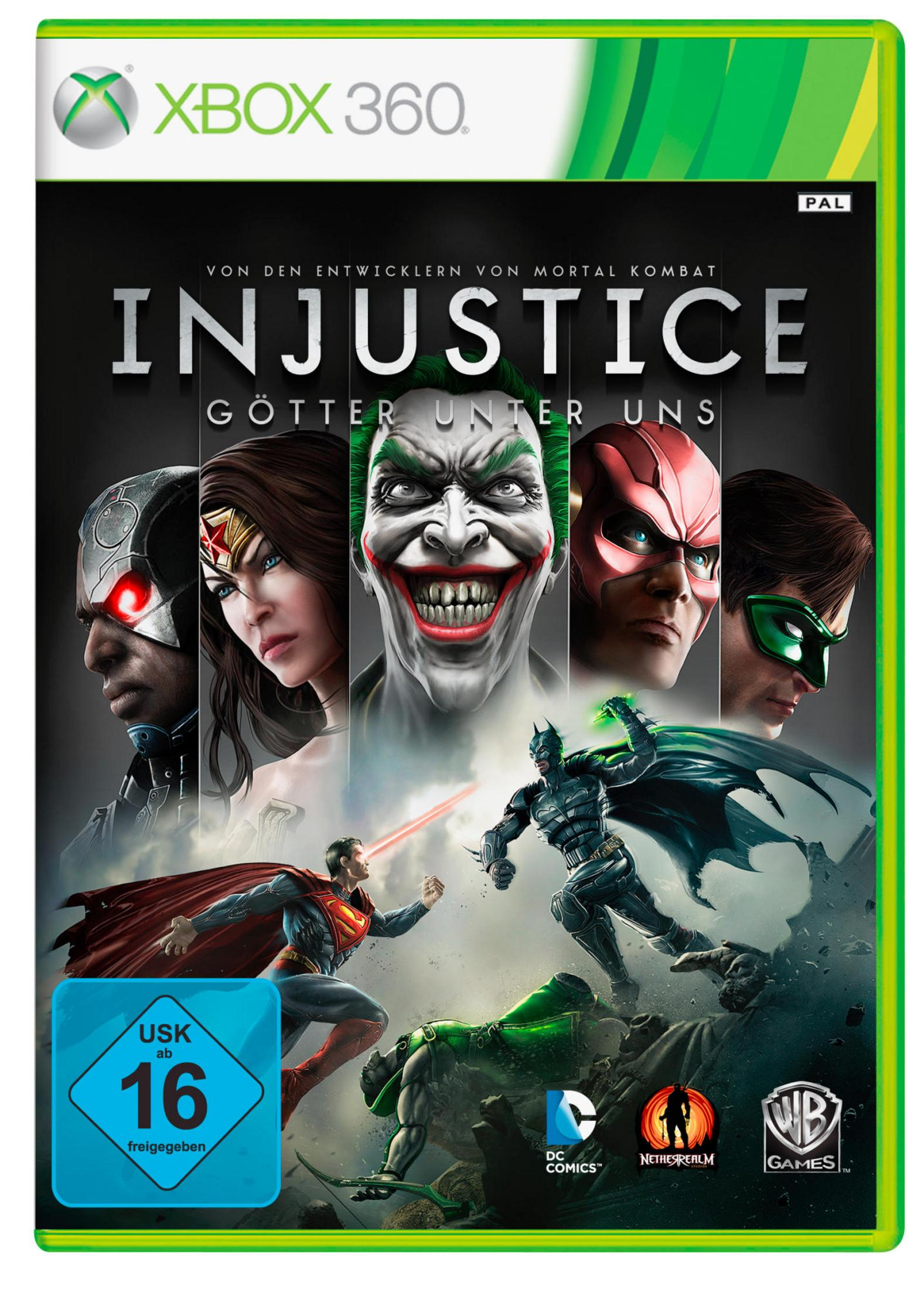 Injustice: Gods Among Us Spielcover mit grünem Xbox 360 Rahmen. Charaktere Superman, Joker, Batman.