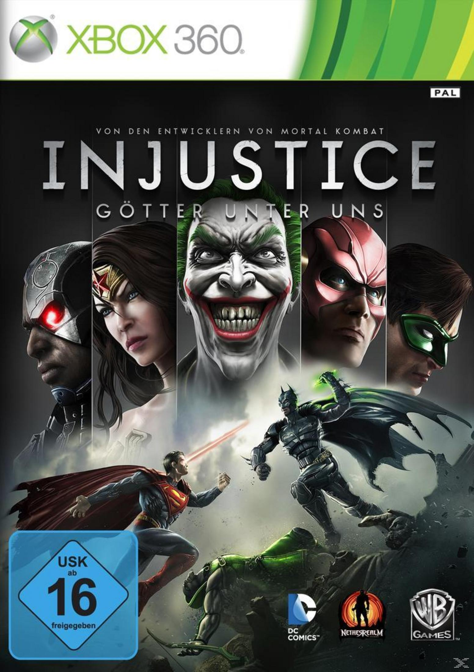 Xbox 360-Spielcover mit Comicfiguren und dem Titel Injustice.