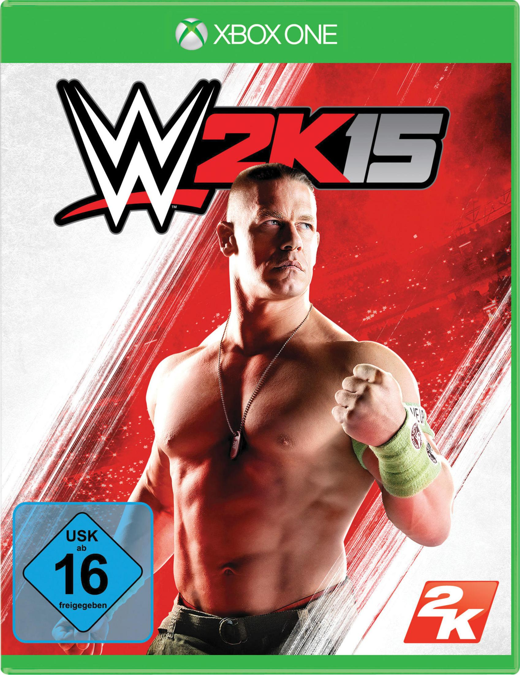 WWE 2K15 Spielcover, John Cena muskulös, ohne Hemd, grünes Armband.
