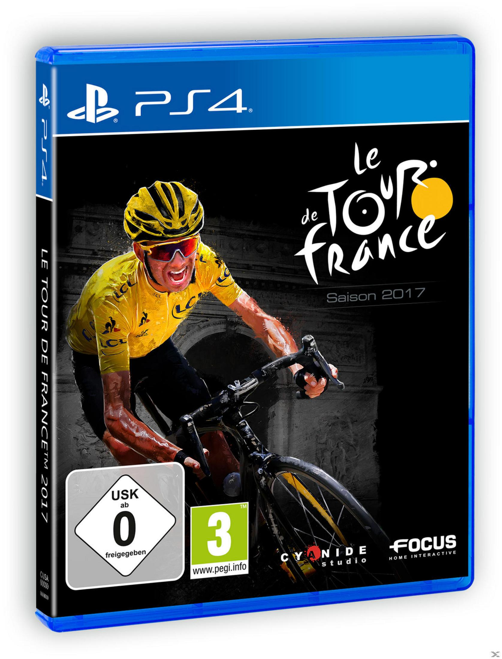Spielcover für Le Tour de France 2017. Ein Radfahrer in gelbem Trikot. Blaue PS4-Hülle.