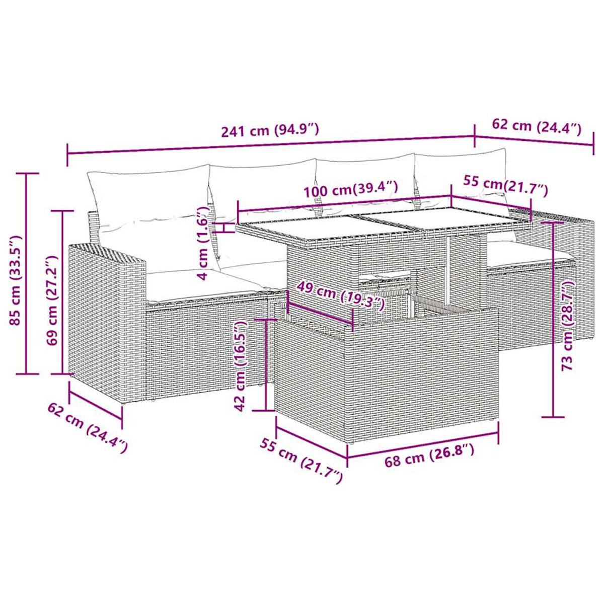 Diagramma di un set di divani da esterno con dimensioni. Intrecciato beige con un tavolino.