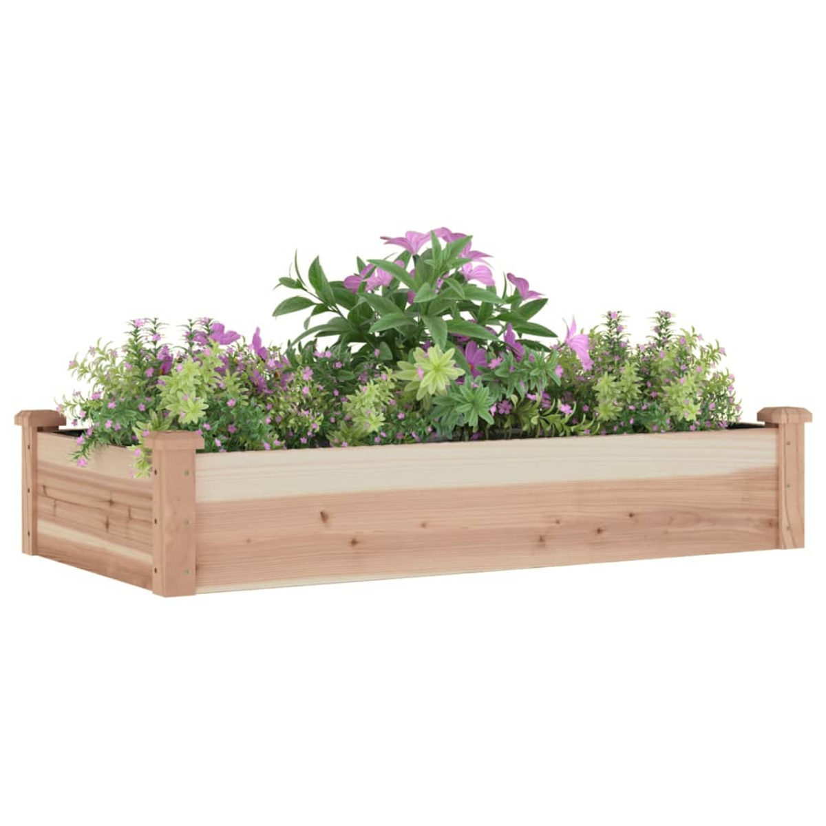 Erhöhtes Gartenbeet aus Holz mit Blumen und Pflanzen gefüllt, Seitenansicht, im Freien.