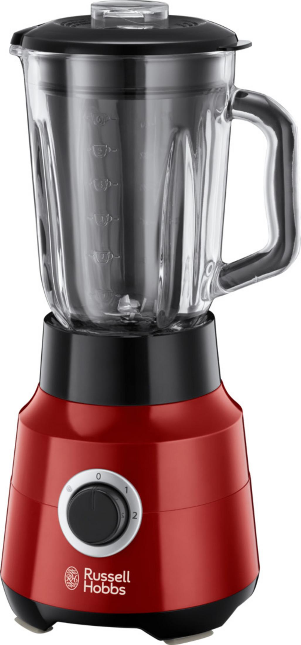 Siyah üst ve kadranlı kırmızı Russell Hobbs blender, beyazda izole edilmiş.