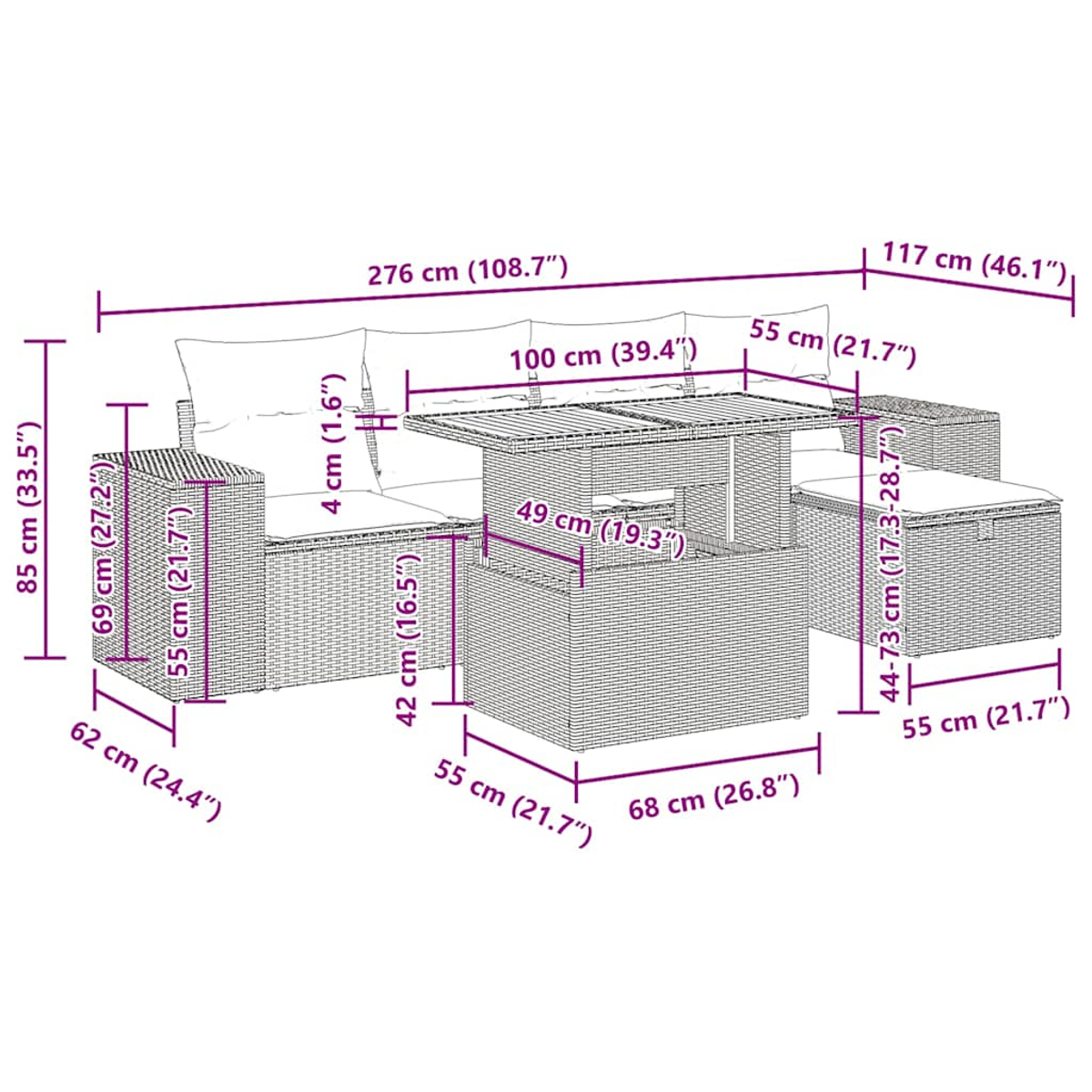 Rattan-Terrassenmöbel-Set mit Kissen. Enthält ein Sofa, einen Tisch und eine Ottomane. Maße angezeigt.