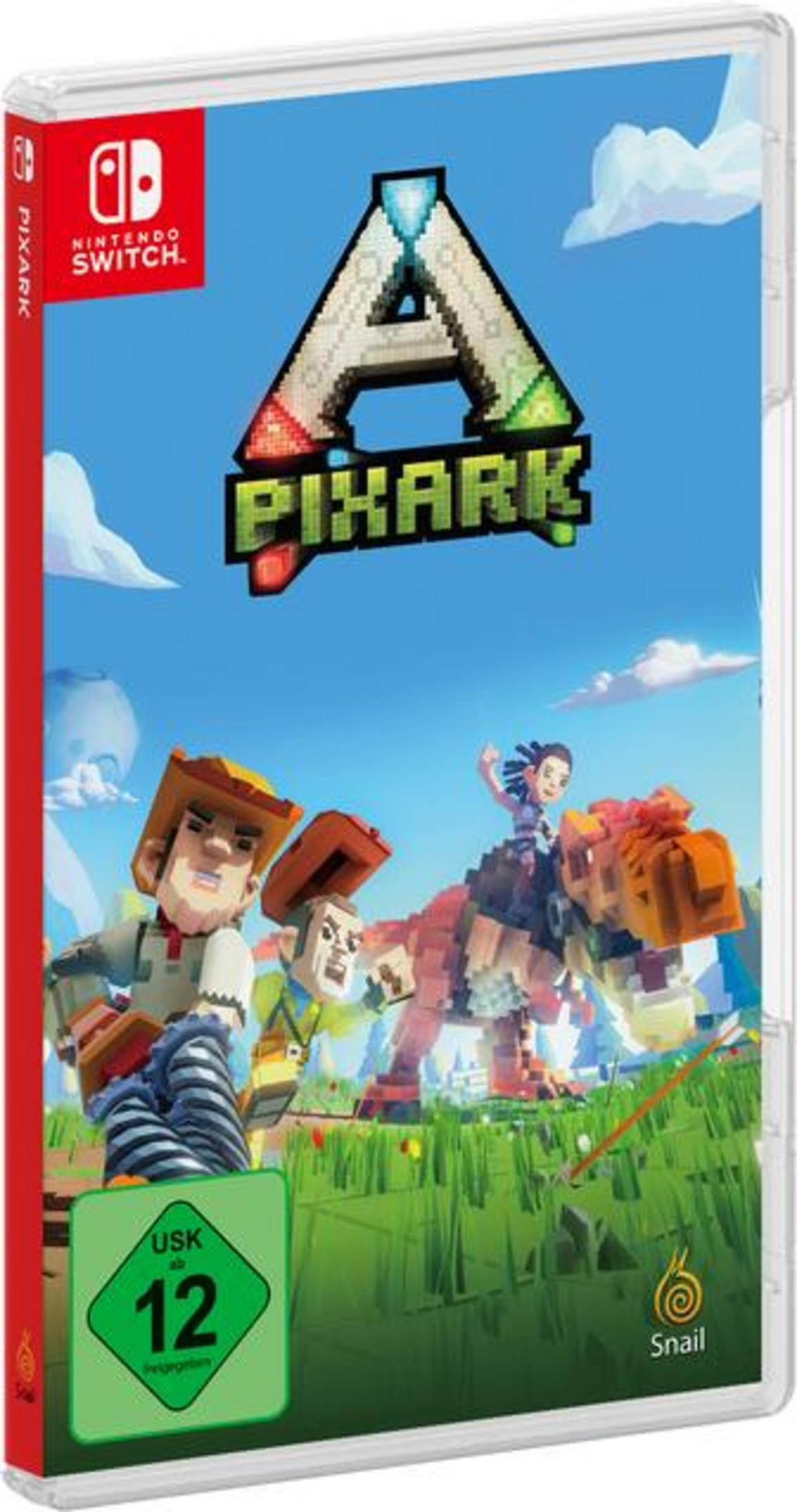 Nintendo Switch-Spielbox mit dem Titel PIXARK. Die Box hat Zeichentrickfiguren und einen blauen Himmel im Hintergrund.