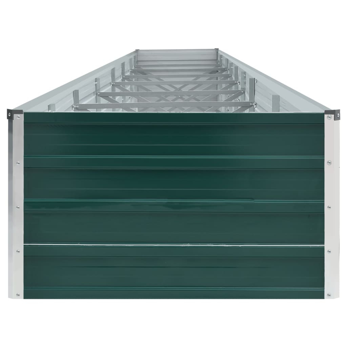 Ein grünes, erhöhtes Gartenbeet aus Metall, mit Metallrahmen und Draufsicht.