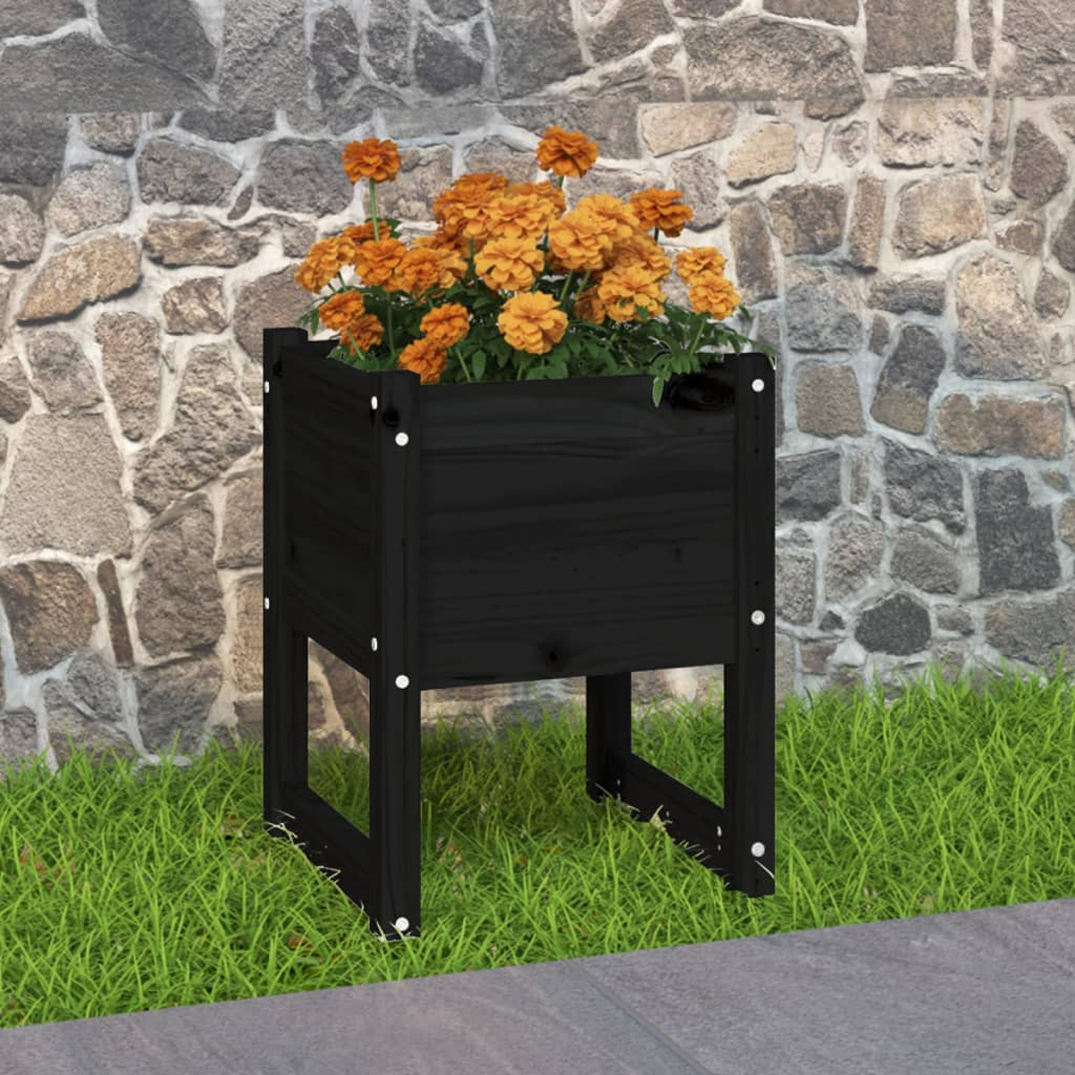 Schwarzer Pflanzkasten mit orangen Blumen auf grünem Gras vor einer Steinmauer.