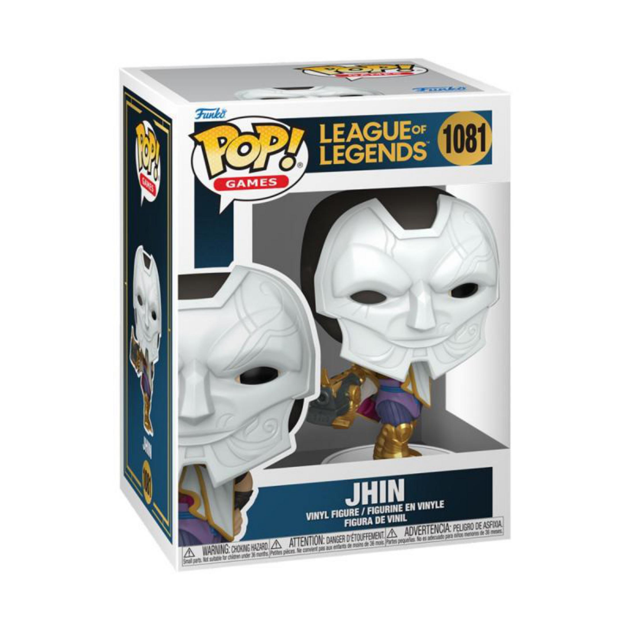 Funko Pop! League of Legends Jhin Figur in einer Vitrine. Die Box zeigt das Gesicht der Figur.