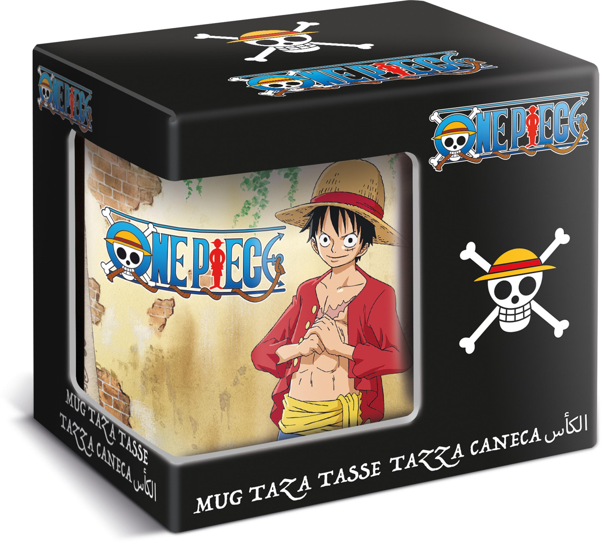 One Piece Tasse in einer Box mit Luffy. Die Box zeigt das One Piece Logo.