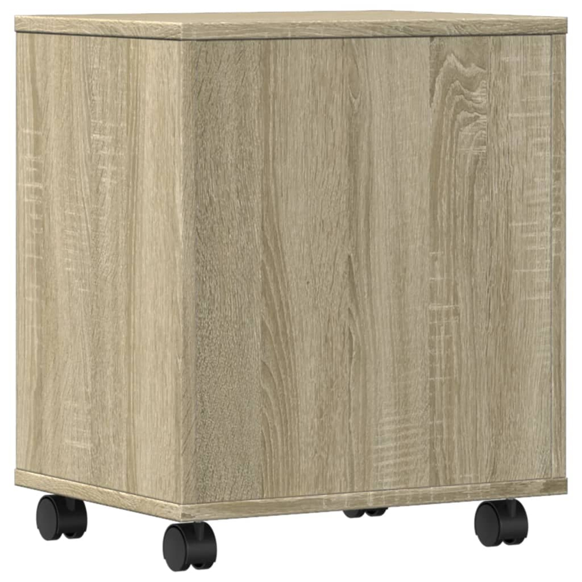 Ein Holzschrank auf Rädern, mit hellem Holzmaserungsfinish.