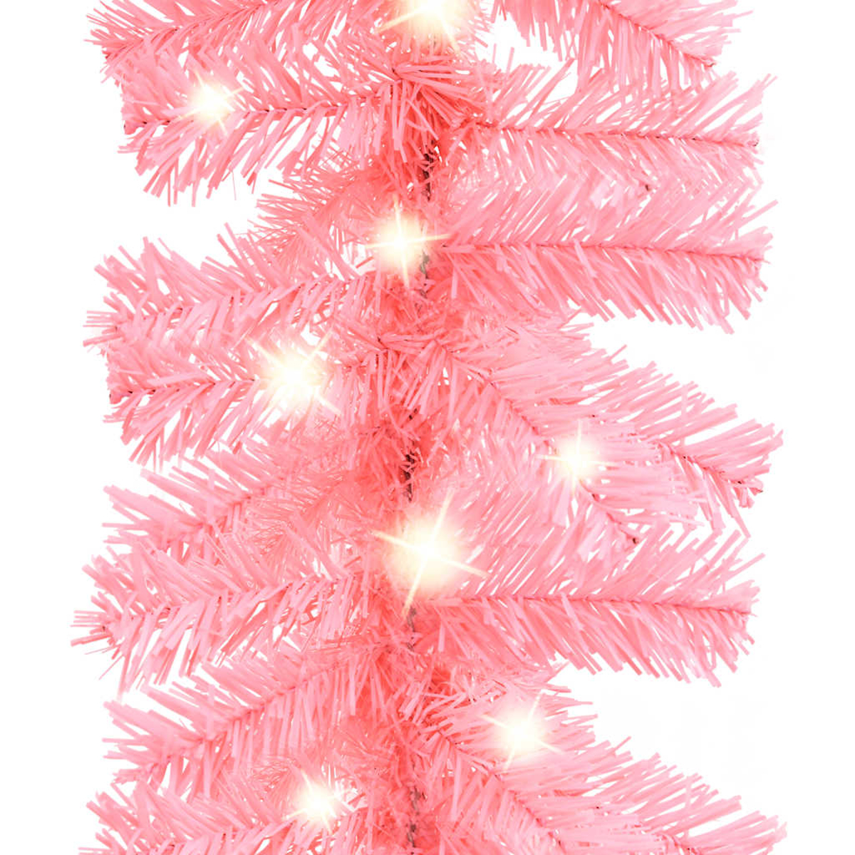 Rosa künstliche Weihnachtsbaumzweige mit kleinen weißen Lichtern.