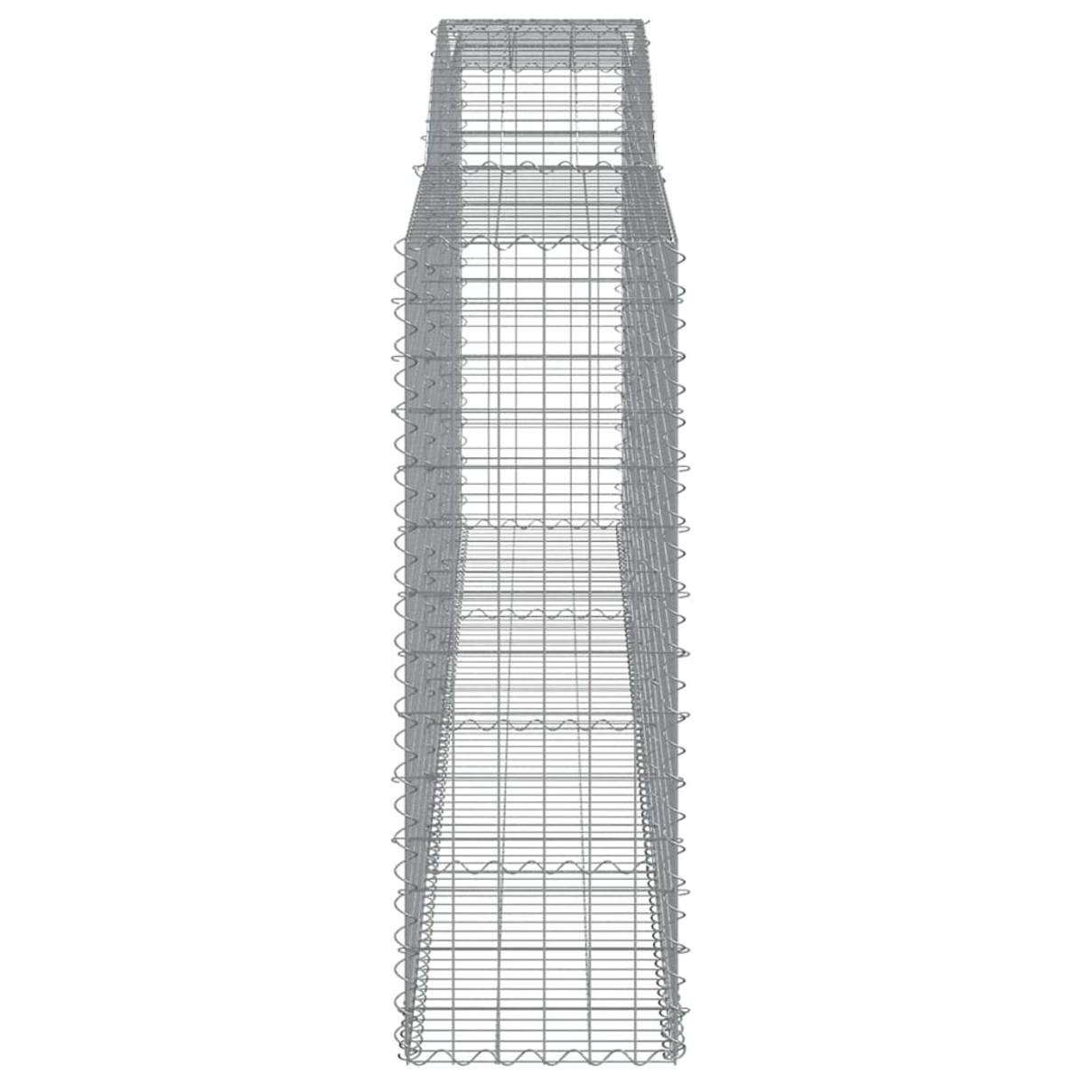 Ein hoher, rechteckiger Metallgabion, vertikal stehend, mit einem Rastermuster auf weißem Grund.