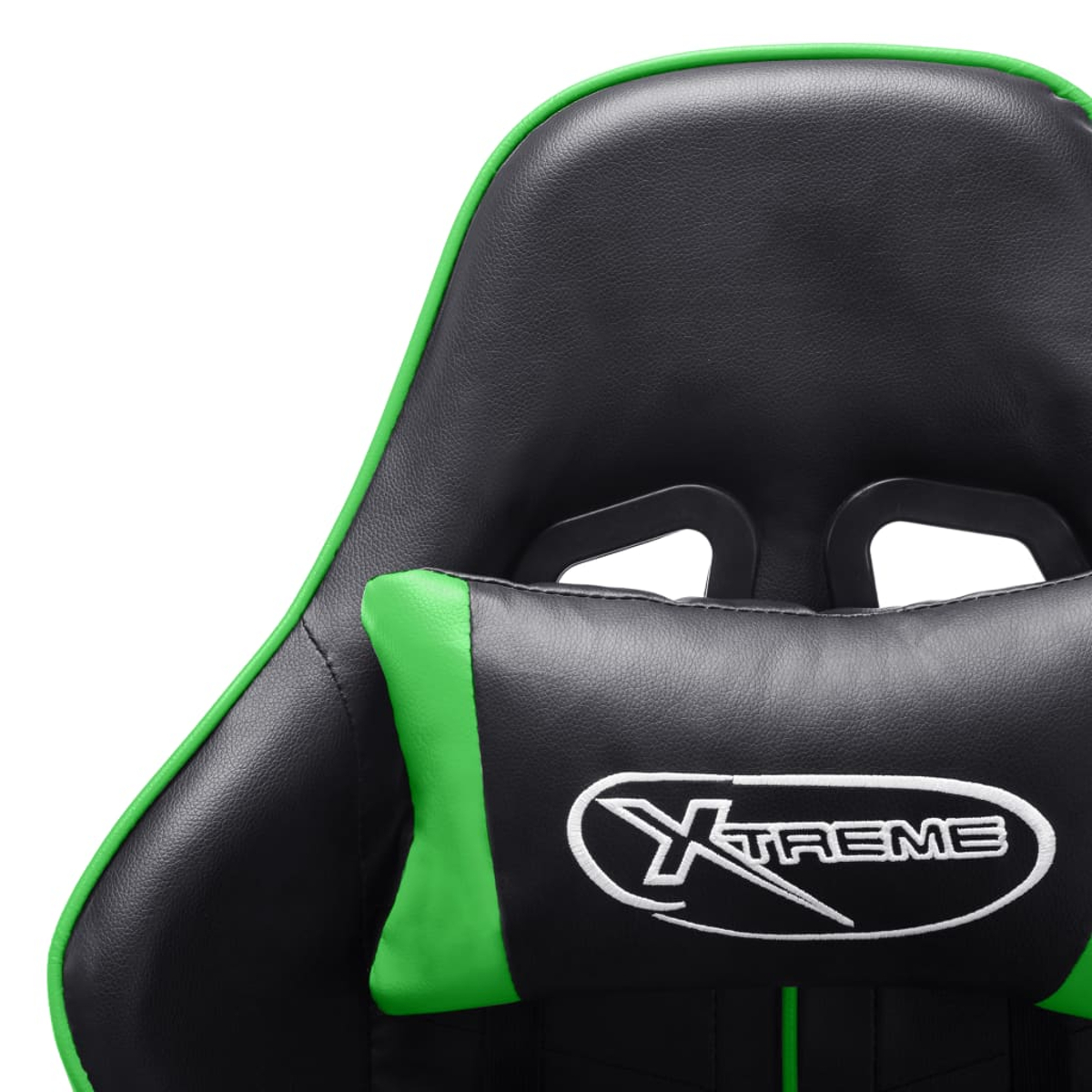 Una sedia da gioco nera e verde. La sedia ha un contorno verde e la scritta XTREME sul poggiatesta.
